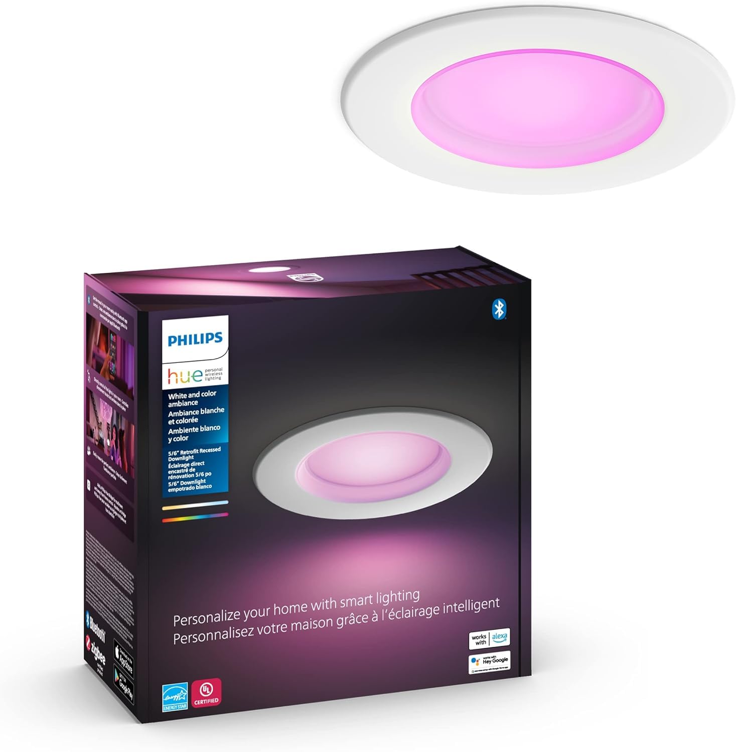 Philips Hue Smart Recessed 5/6 Inch LED Downlight Old Version - White and Color Ambiance Color-Changing Light - 1 Pack - 700LM -