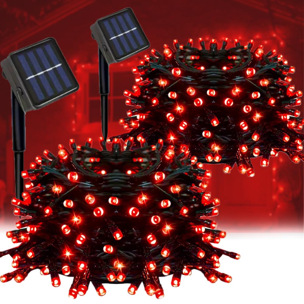 Taoushuleng 2 Pack Solar Red String Lights Outdoor, Total 200 LED Each 40Ft with 8 Lighting Modes for Yard, Fence,Balcony, Party