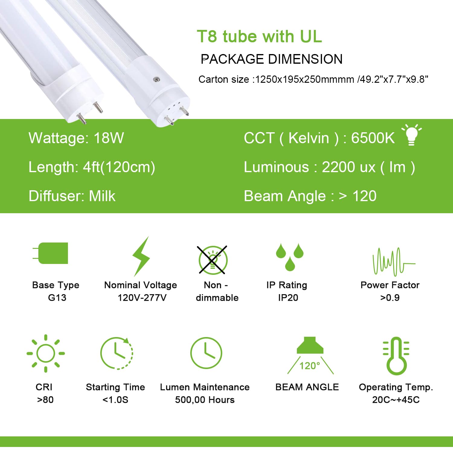 H&B Luxuries LED T8 Ballast Bypass Light Tube, 18W, G13 Base, 2300LM, 6500K, 30 Count, Model T818W65