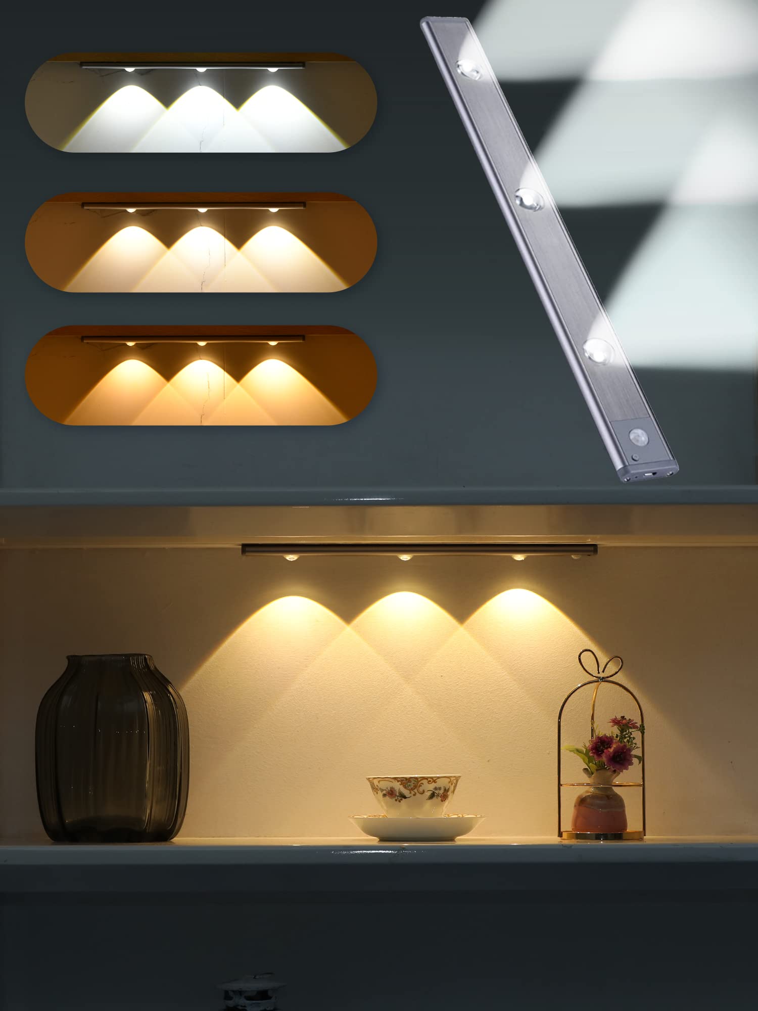 ?2022 Newest? 3 Colors Dimmable Motion Sensor Under Cabinet Lights Wireless,1500mAh Rechargeable Battery Operated Closet Light U