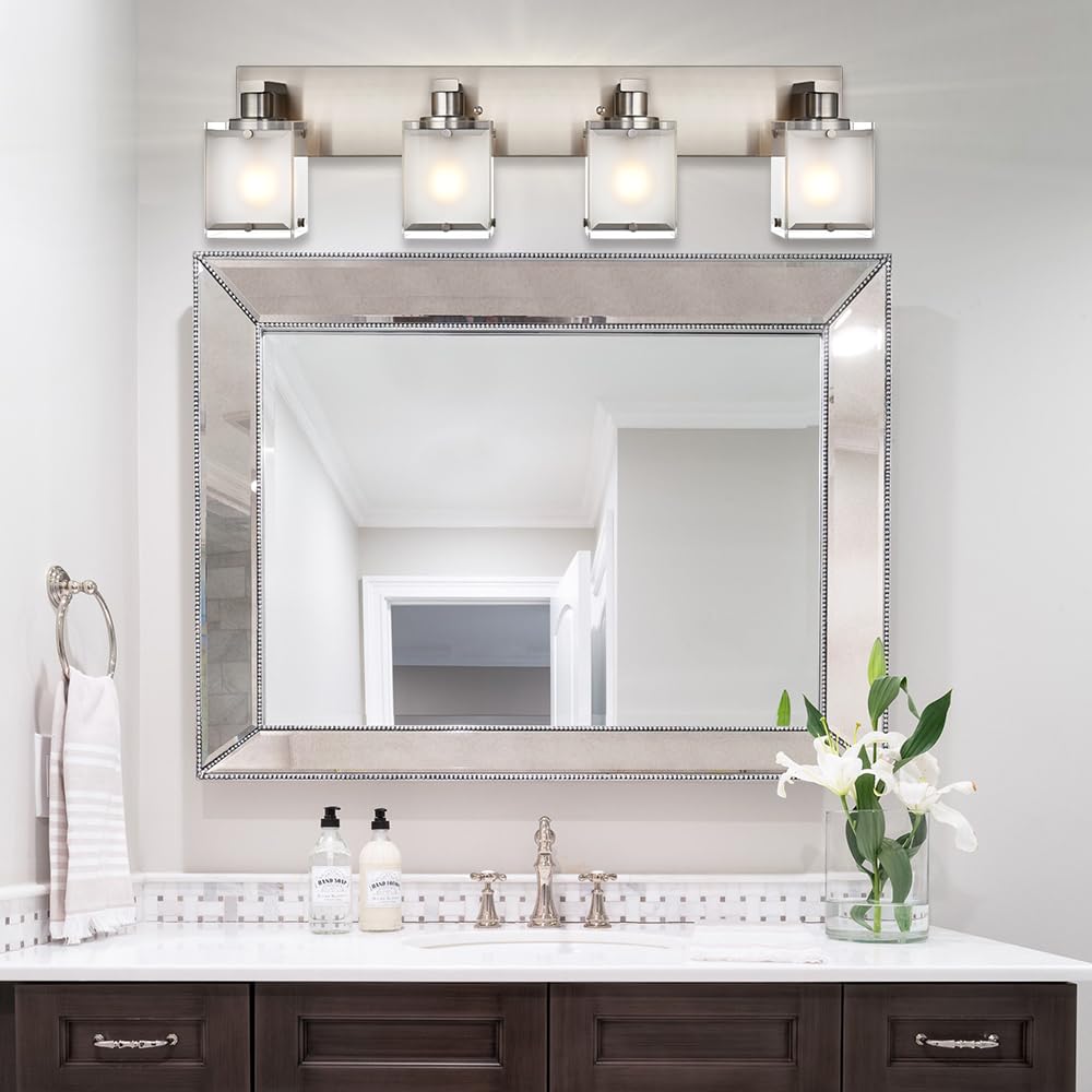 WINSHEN 4-Lights Bathroom Light Fixture, Brushed Nickel Vanity Lighting with Frosted Glass, Model 4WSN-XOTFZO