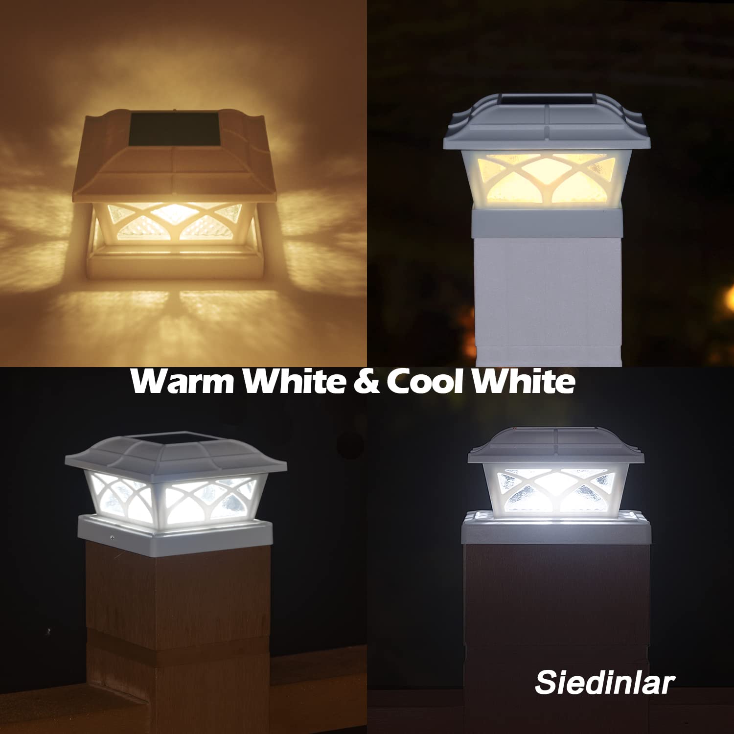 SIEDiNLAR Solar Post Cap Lights, 8 LEDs, 2 Color Modes, Glass, 6 Pack, White, Model SD012W-6PK