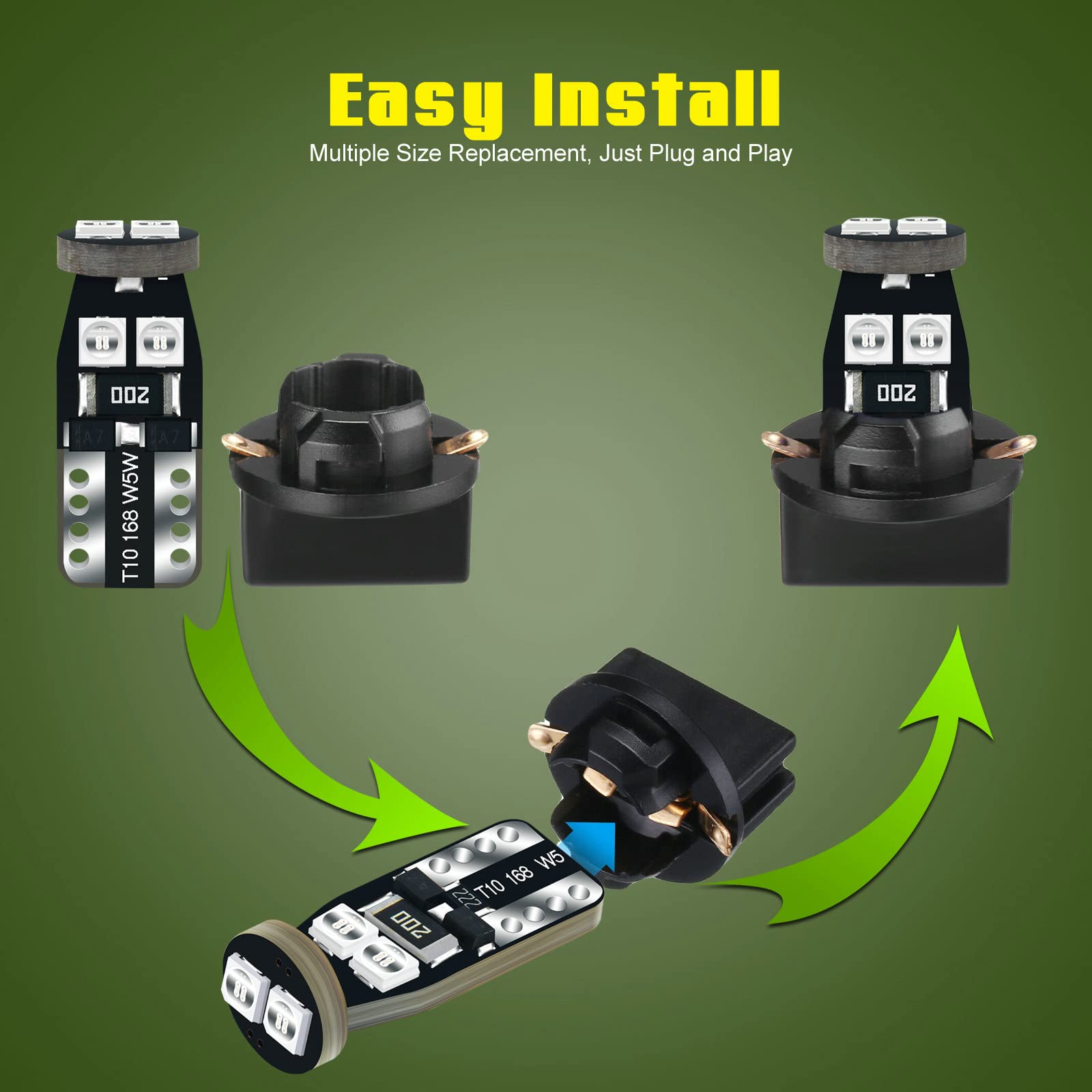 Dodofun 12V Green T10 Pc168 Pc175 Pc194 Pc194G Pc195 Pc160 Pc161 Pc195Na Instrument Cluster Light Led Bulb Replacement For Dashboard Dash Panel Gauge Indicator Lamp W5W 158 168 194 2825 With Socket