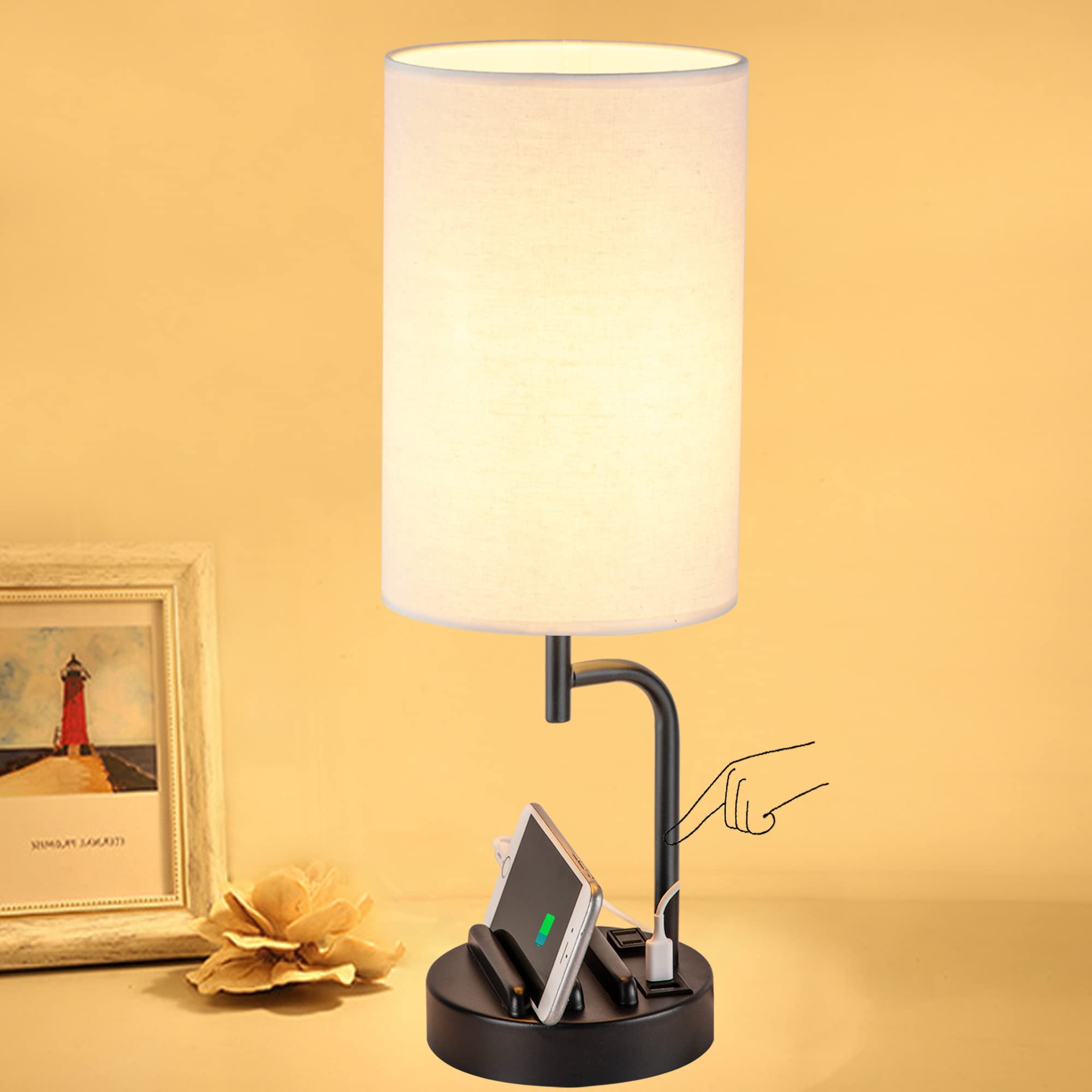 Dreamholder Touch Control USB Table Lamp, Upgraded 3-Way Dimmable Bedside Desk Lamp with USB C & A Charging Ports and AC Outlet,