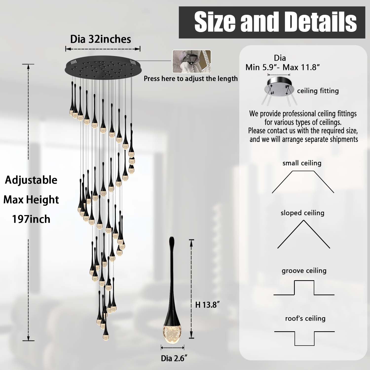 ykolupty Crystal Staircase Chandelier, 42-Lights, Adjustable Length 197in, Black, Model TP0038-42H, Ideal for High Ceilings