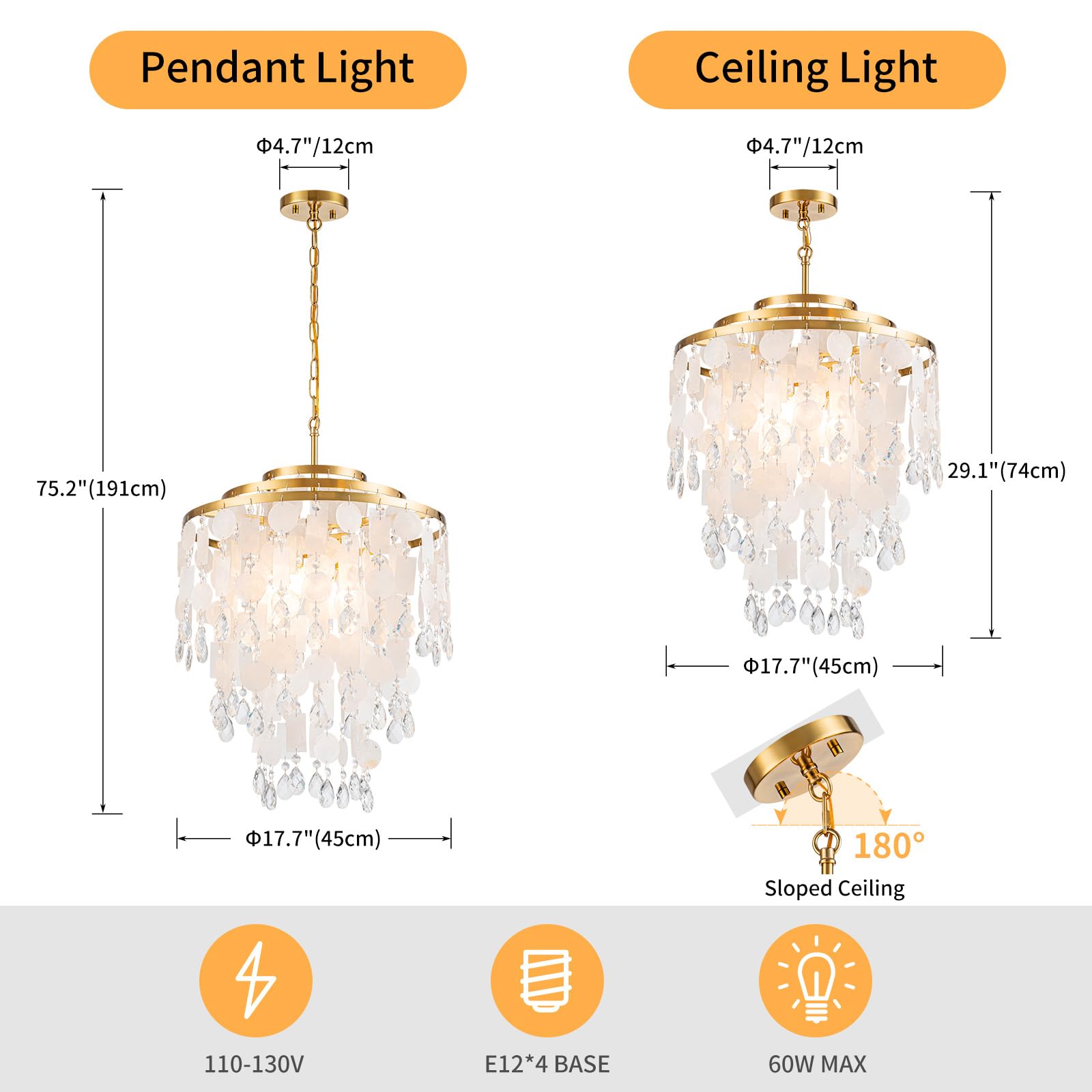 Lumfurn 4-Lights Capiz Shell Chandeliers, For Dining Room, Living Room, Bedroom, 3-Layer Modern Pendant Light Fixture D17.7 X H2
