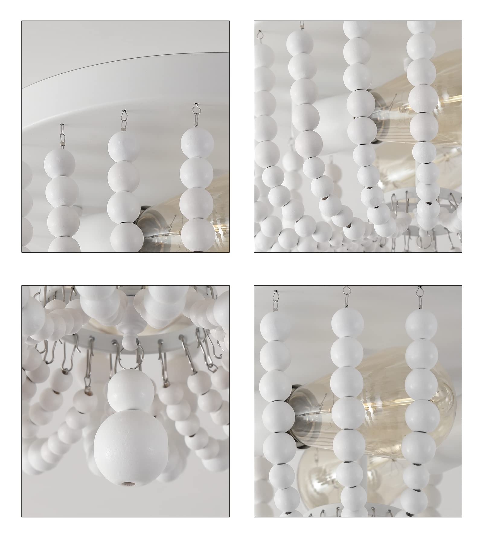 Q&S White Flush Mount Ceiling Light Fixtures,2-Lights Wood Beaded Boho Chandeliers For Nursery Baby Bedroom Dining Room Living R