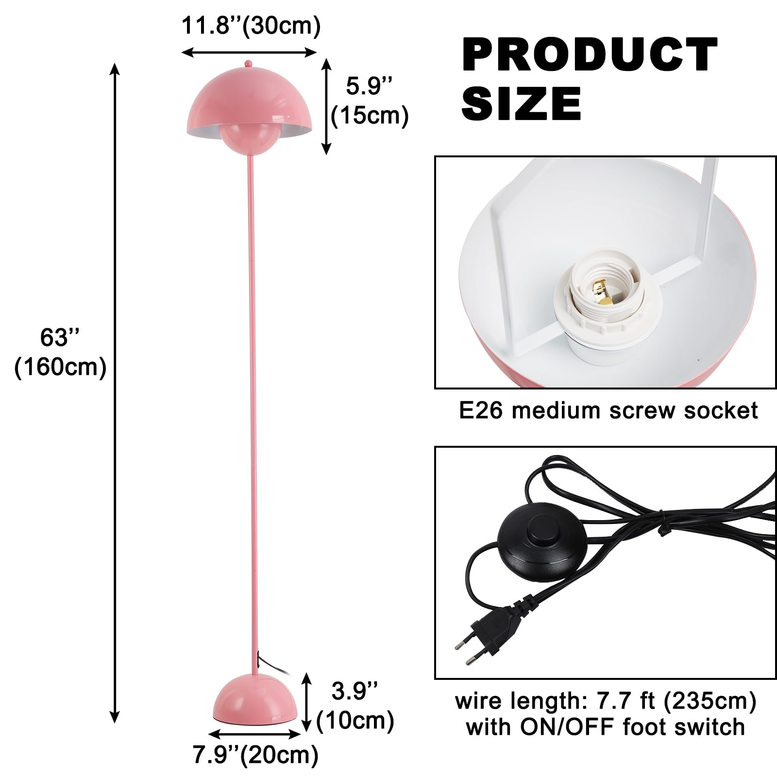 COSYLUX Modern Floor Lamp - Industrial Metal Shade, Tall Design, Light Pink, Ideal for Living Room, Bedroom, Office, Nursery, Corner