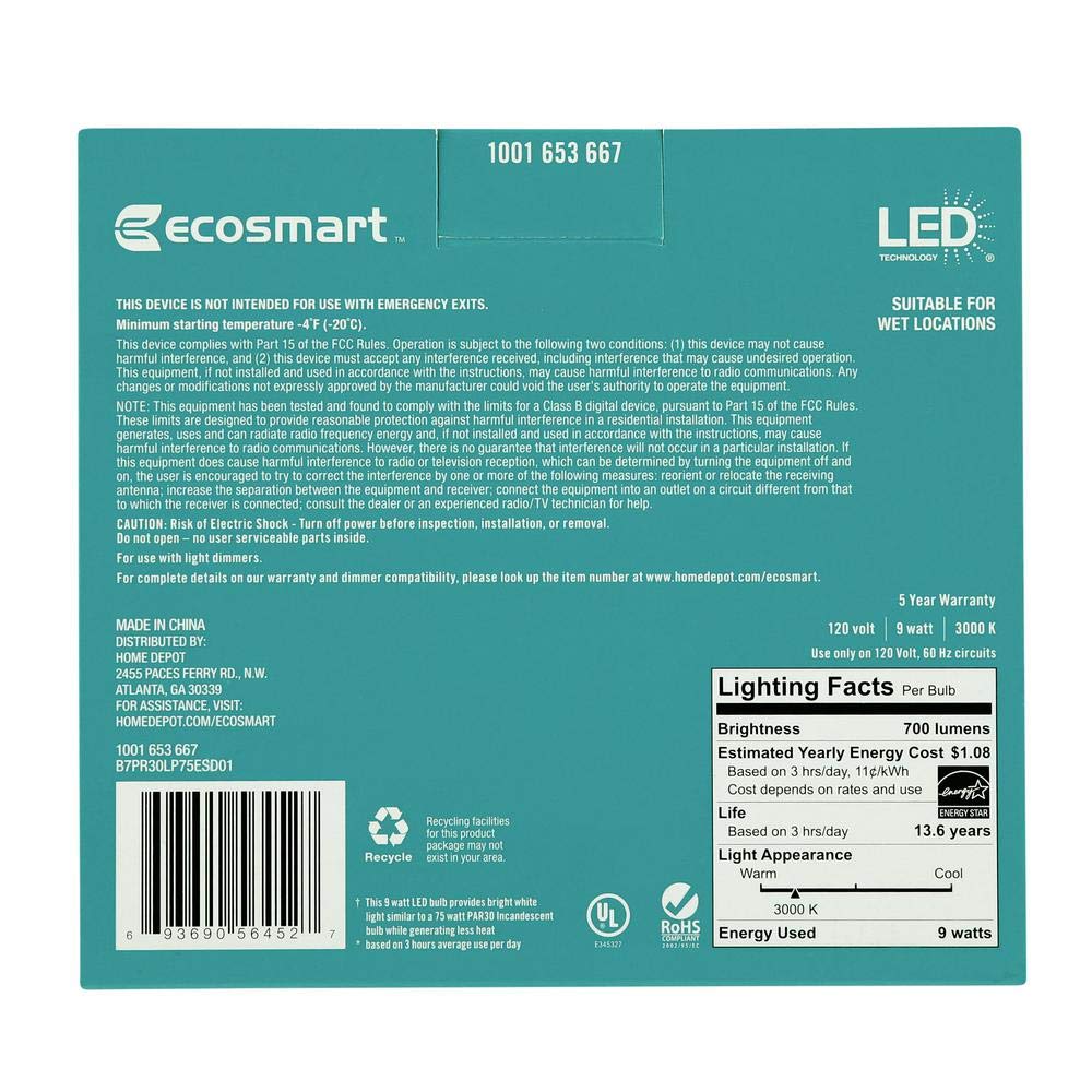 Ecosmart Par30 75W Equivalent Dimmable Led Flood Light Bulb, Bright White, 2-Pack, Energy Star