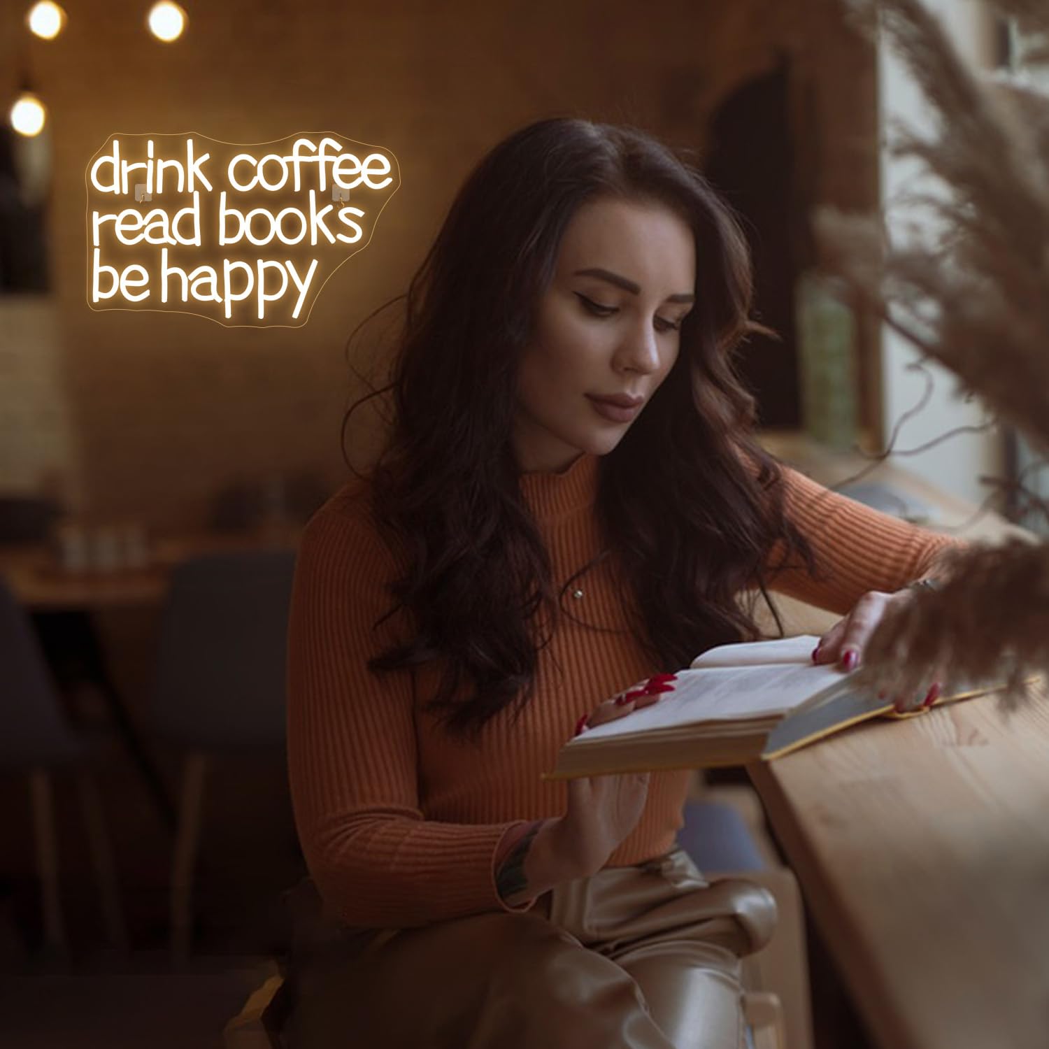 Looklight Neon Sign - Drink Coffee Read Books, Warm White LED Light for Wall Decor, USB Dimmable, Coffee Book Color