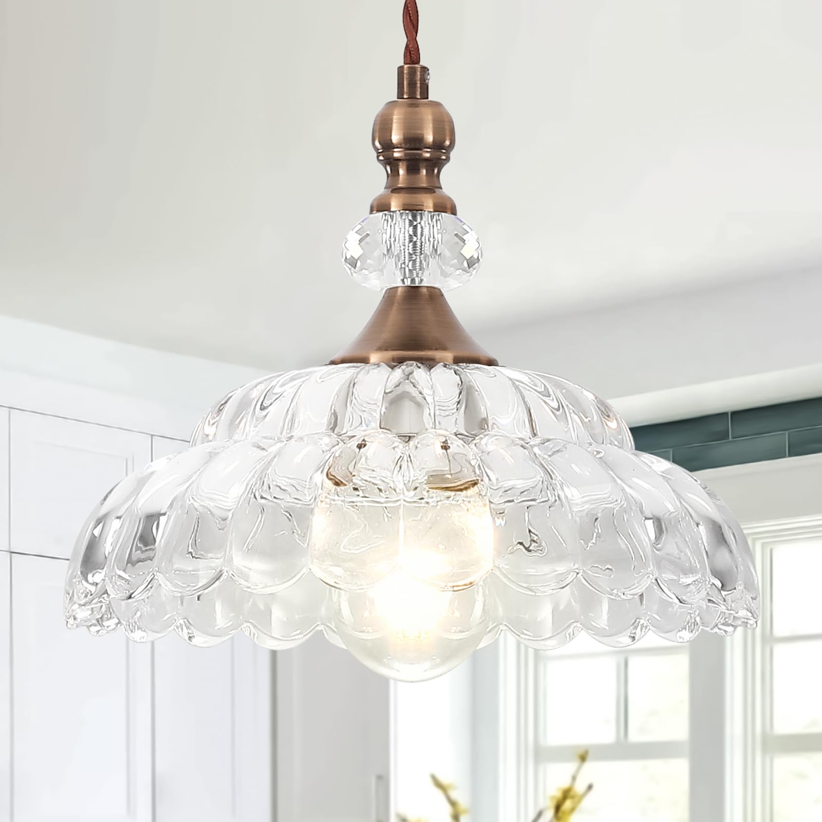 CWarmozy Vintage Small Pendant Light Fixtures for Kitchen Island 9.8'' Glass Brass Gold Pendant Lights Adjustable Modern Hanging