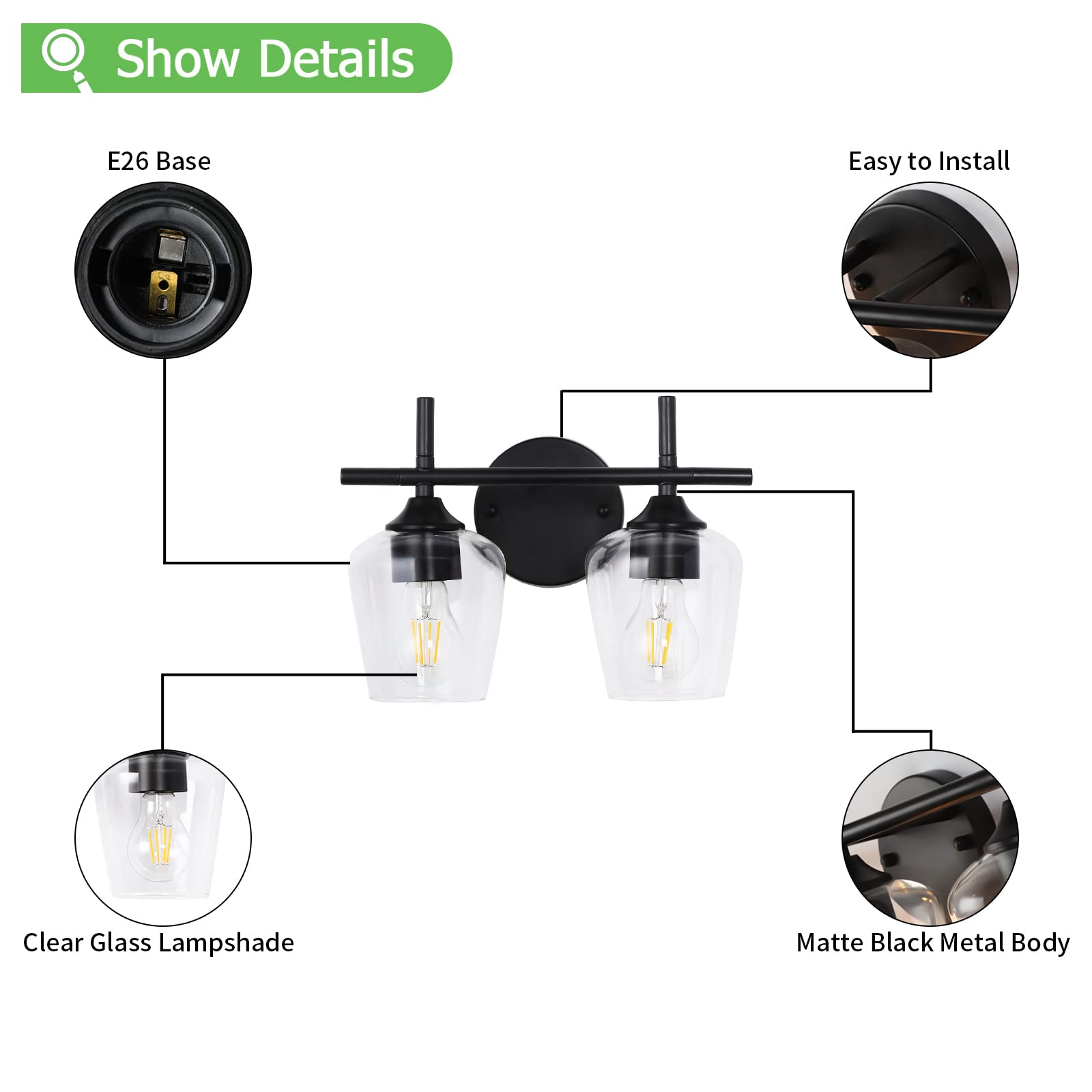 foucasal 2-Light Bathroom Vanity Light Fixtures, Black Industrial Wall Lights with Clear Glass Shade, Model ULB0046H-2HEI