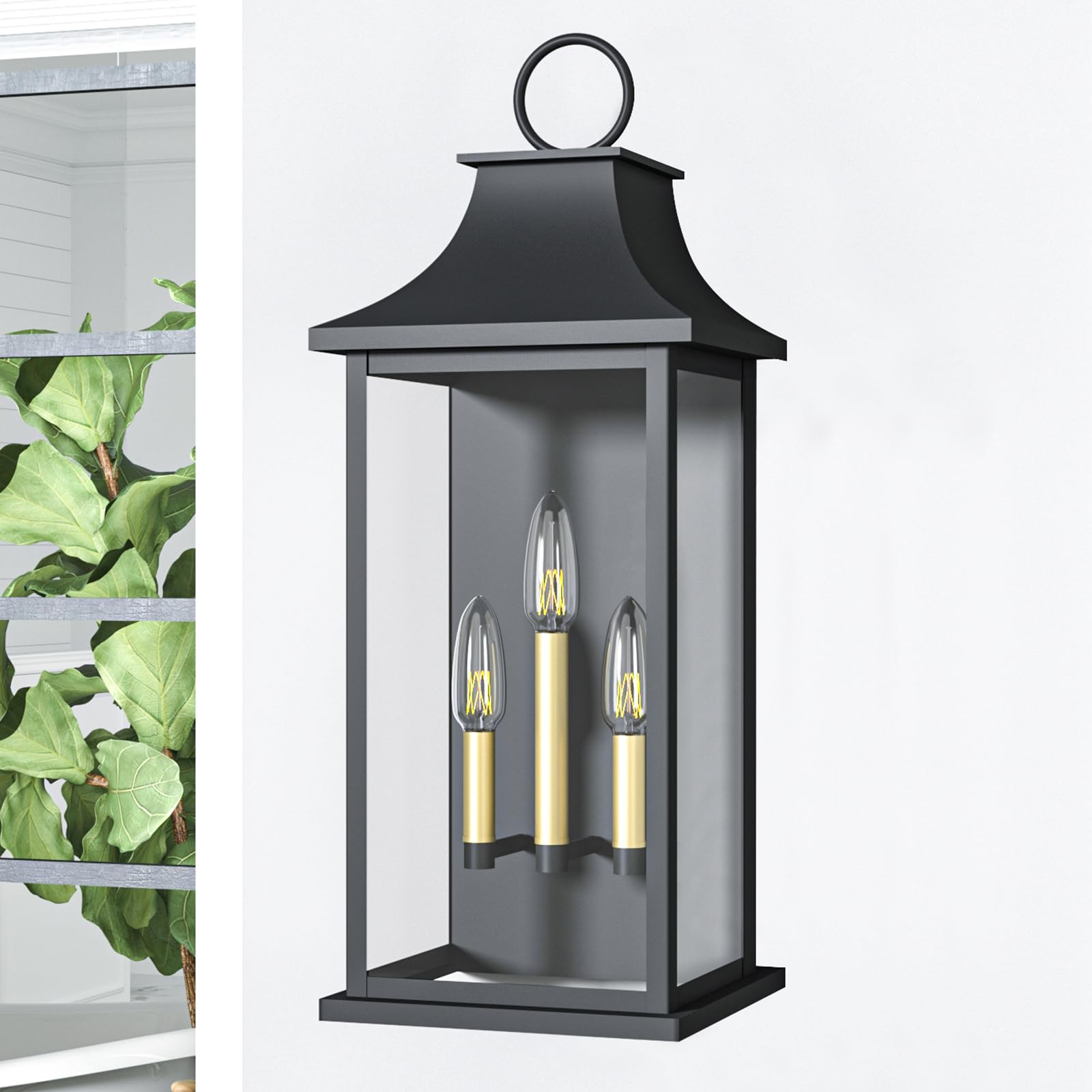 Lawyettle Dusk To Dawn Outdoor Wall Light 3-Light, 25'' Large Outdoor Light Fixture, Black Exterior Wall Lantern, Waterproof Out