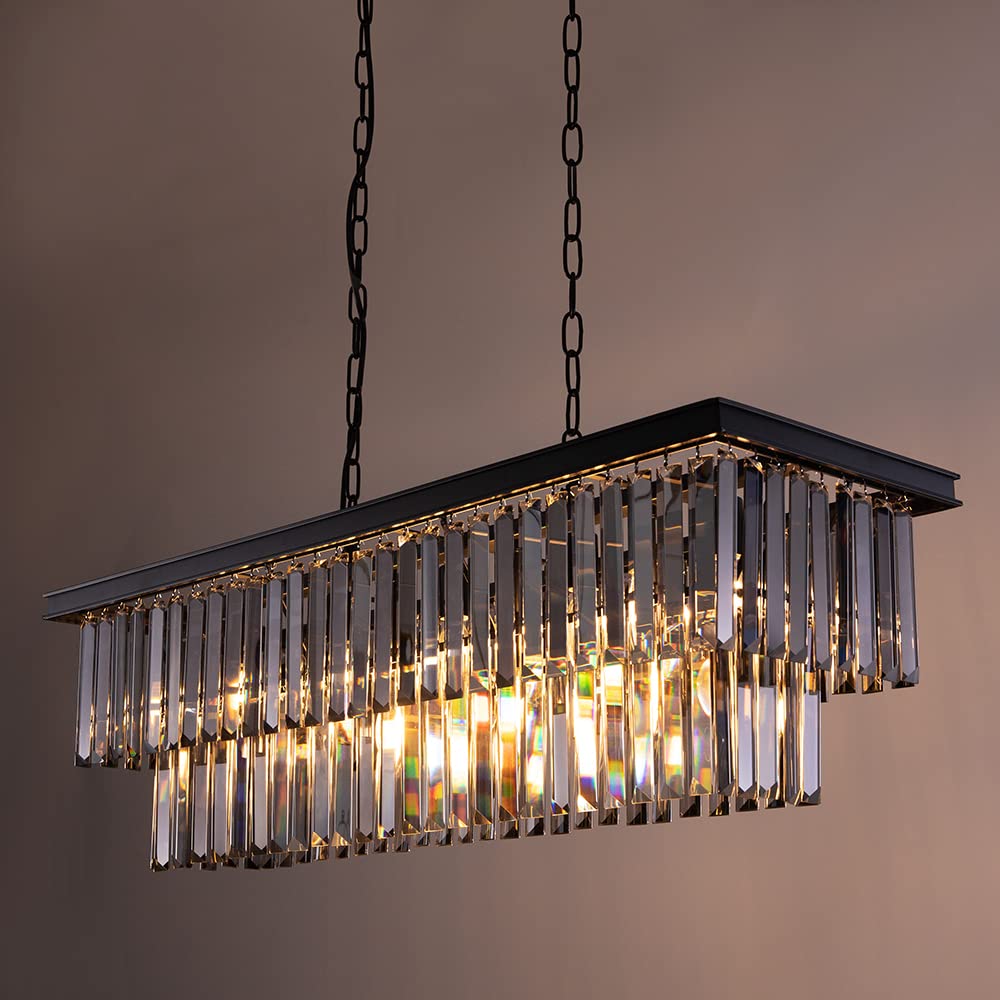 Wellmet Black Crystal Chandelier, 9-Light Modern Farmhouse Chandeliers Dining Room Lighting Fixture, Adjustable Retangle Hanging