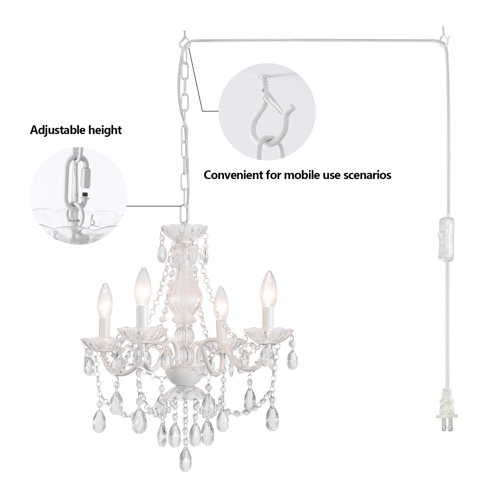 AMZASA Crystal Chandelier, 4 Light White Pendant Light, 19.9"W x 18.1"H, Clear Cord, Ideal for Kitchen, Dining, Wedding, Mini Room