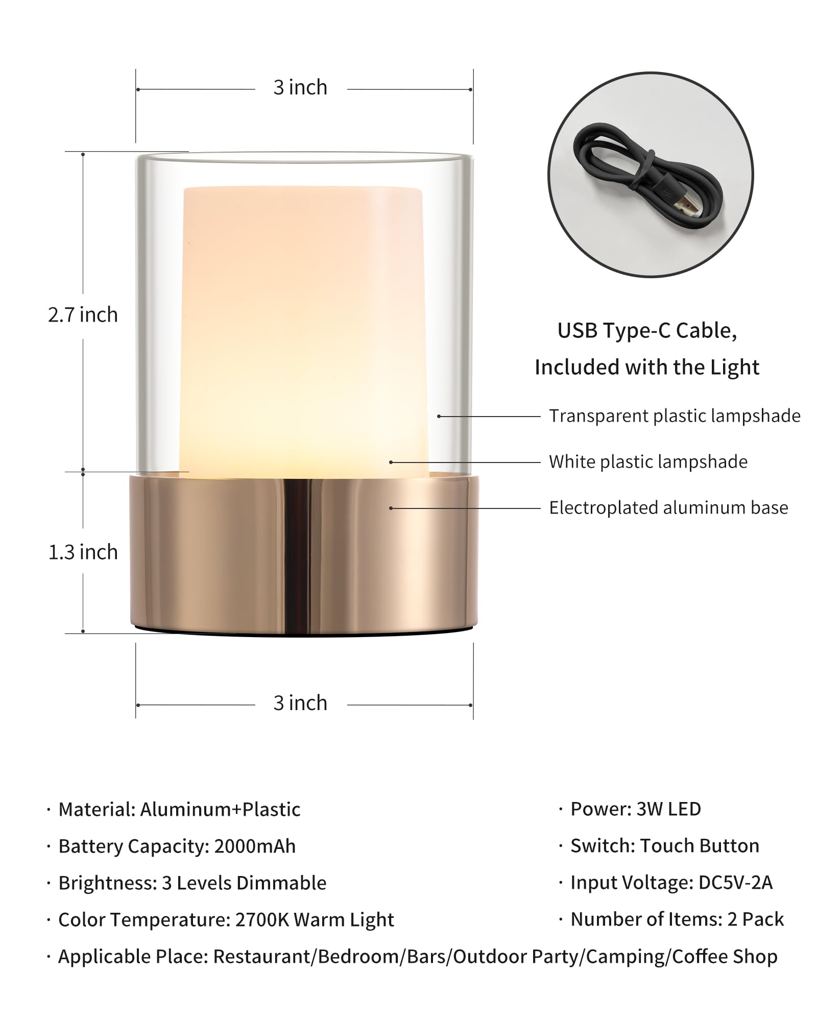NEWSEE 4 Mini Dining Table Light 2 Pack for Buffet Restaurant, Outdoor Waterproof Lamps for Bathroom Camping, Rechargeable Cordl