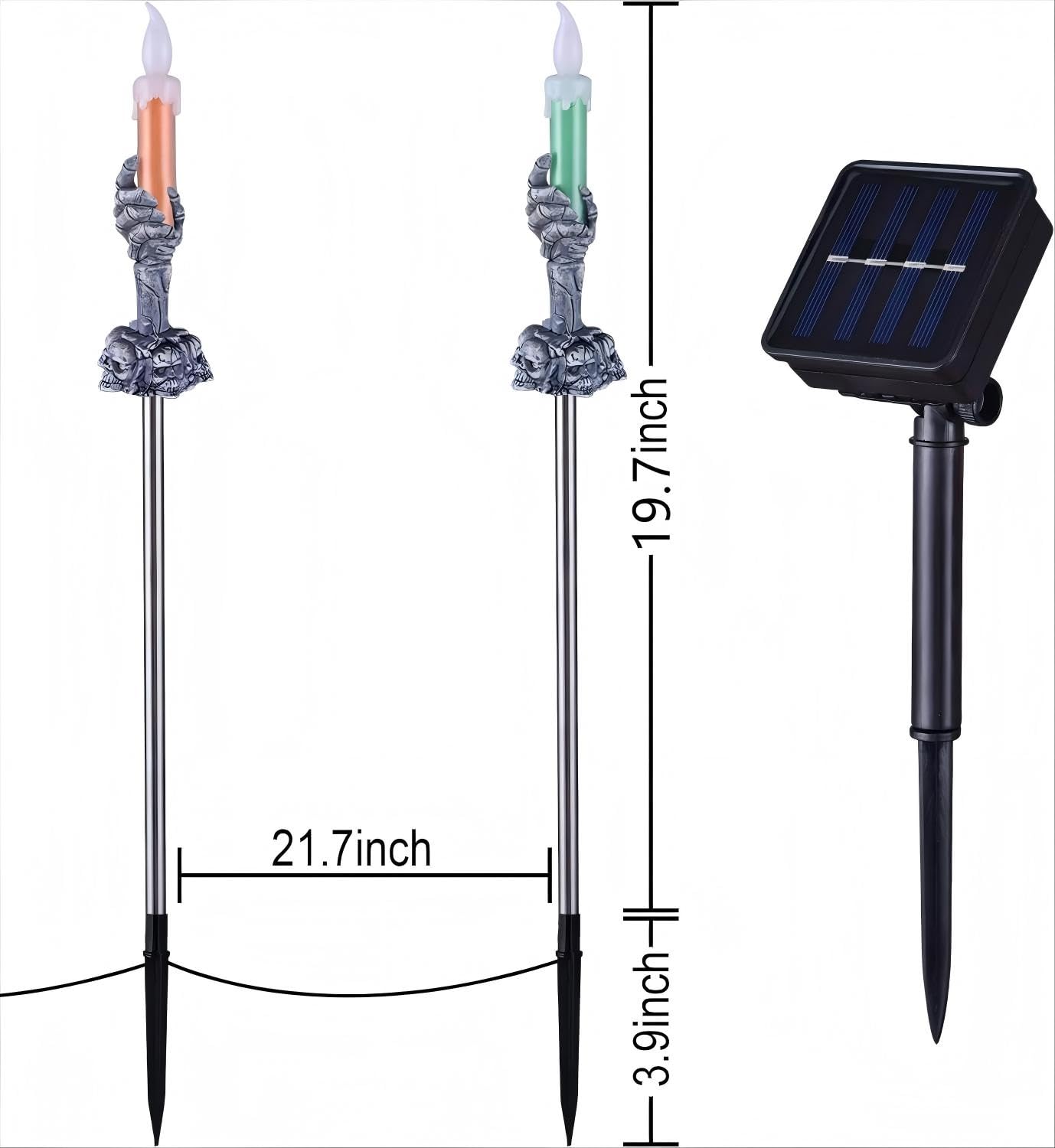ILLUMINEW Solar Pathway Lights, 5 Pack LED Skull Candle Holders, Outdoor Halloween Decor, Orange & Green, Black