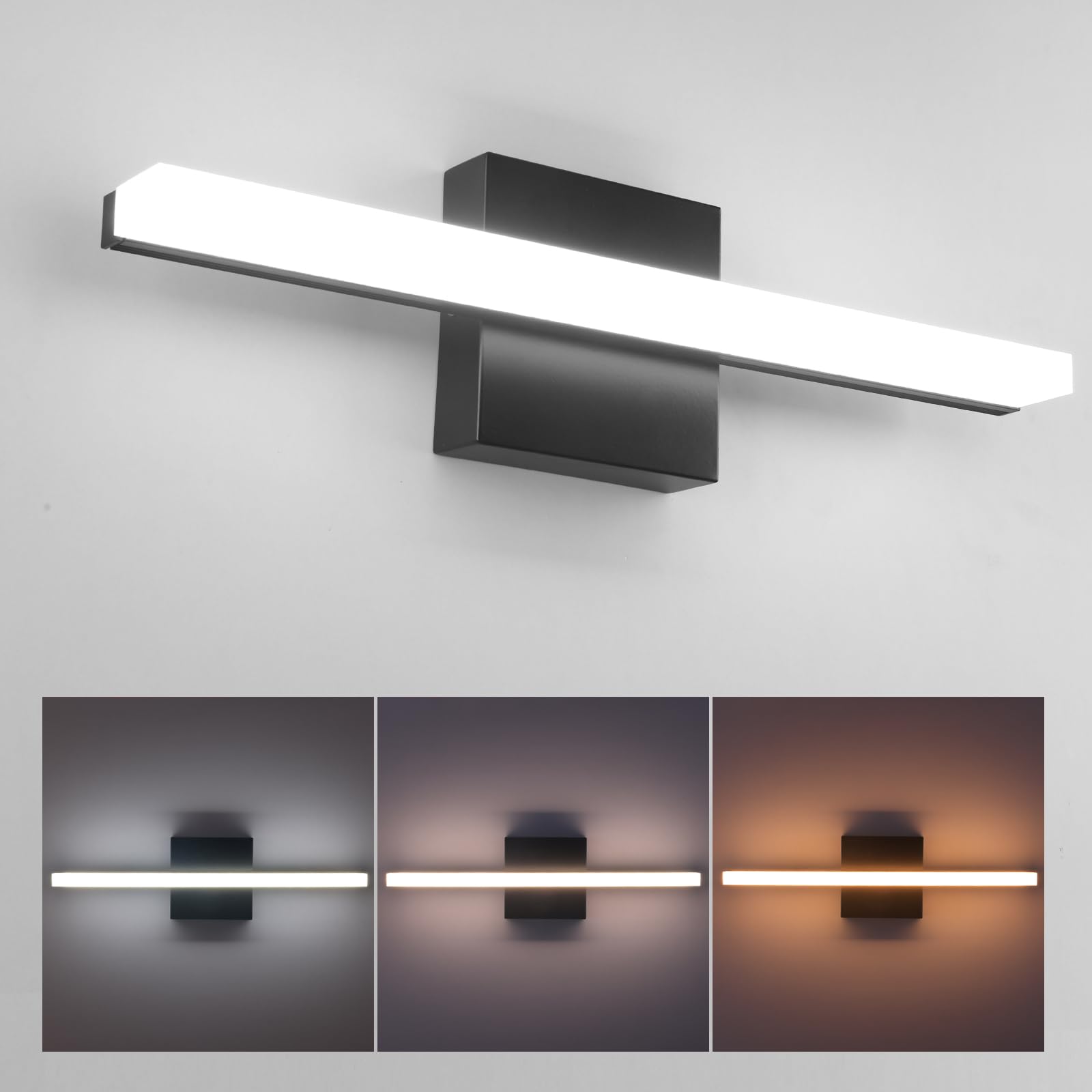 Amansour LED Bathroom Vanity Light 16in 3 Color Temperature Over Mirror Lighting Fixture Modern Indoor Black Wall Sconce Adjusta