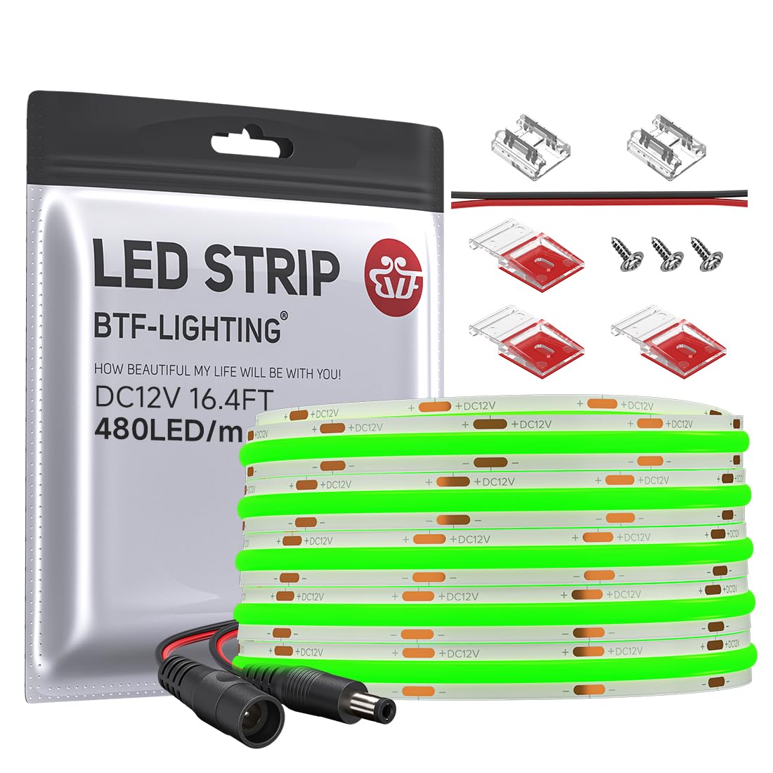 BTF-LIGHTING FCOB COB LED Strip Green Color 480LEDs/m 16.4FT DC12V Flexible High Density Uniform Light 8mm Width Bright Dimmable