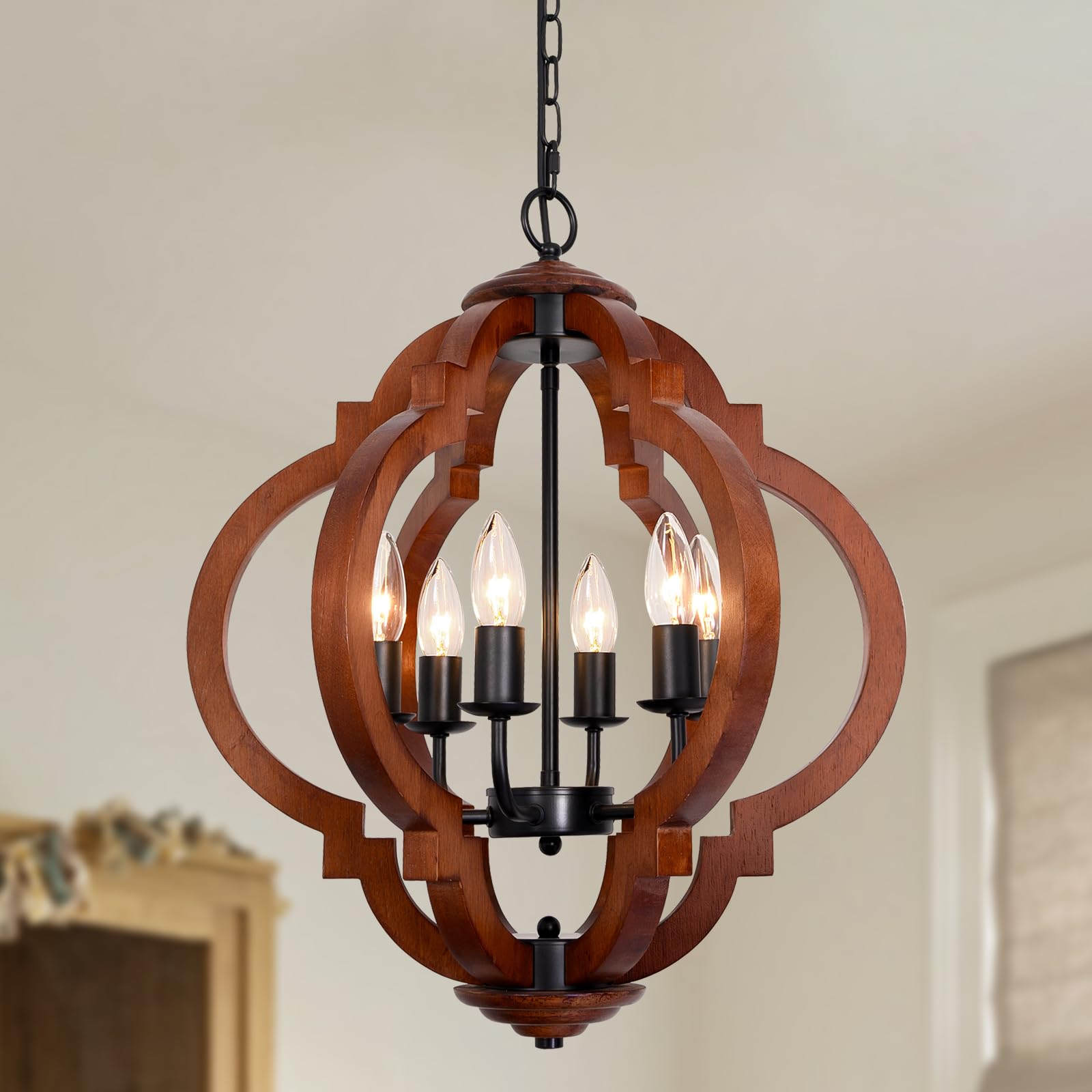 6-Light Farmhouse Chandelier, Red Wood and Black Metal Rustic Light Fixture, Industrial Dining Room Chandelier for Kitchen Islan