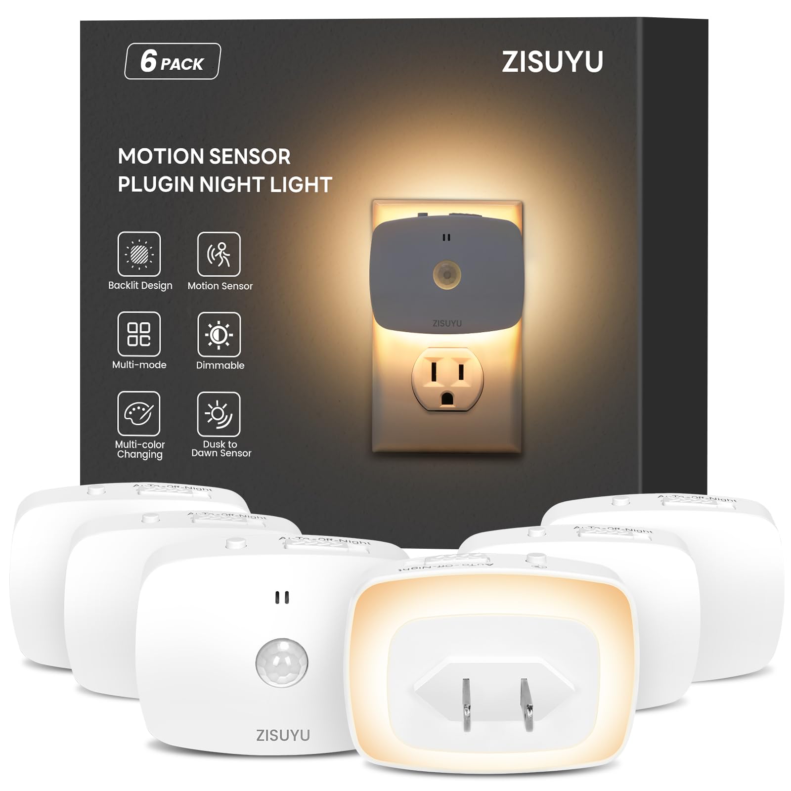 ZISUYU LED Backlit Night Light with Motion Sensor, Dimmable, Color-Changing, 6 Pack, Cool White, Model ZU-17