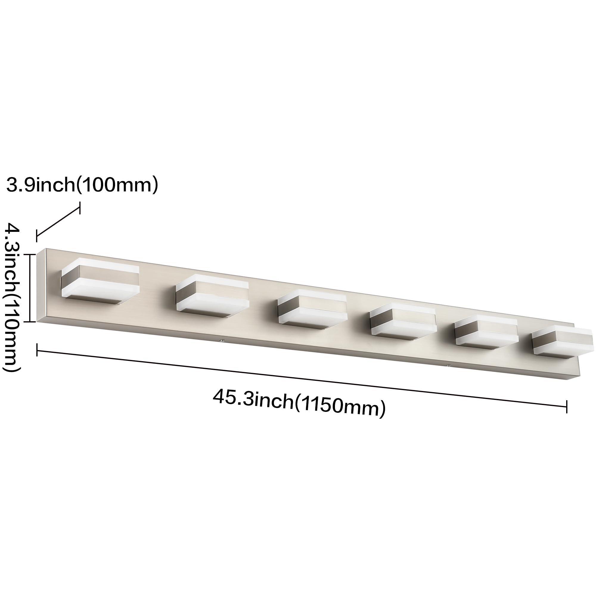 SOLFART LED Bathroom Vanity Light Fixture, 6 Light, Brushed Nickel, 45.3 inch, Model S8568-6T-6000K-Nickel, Modern Design