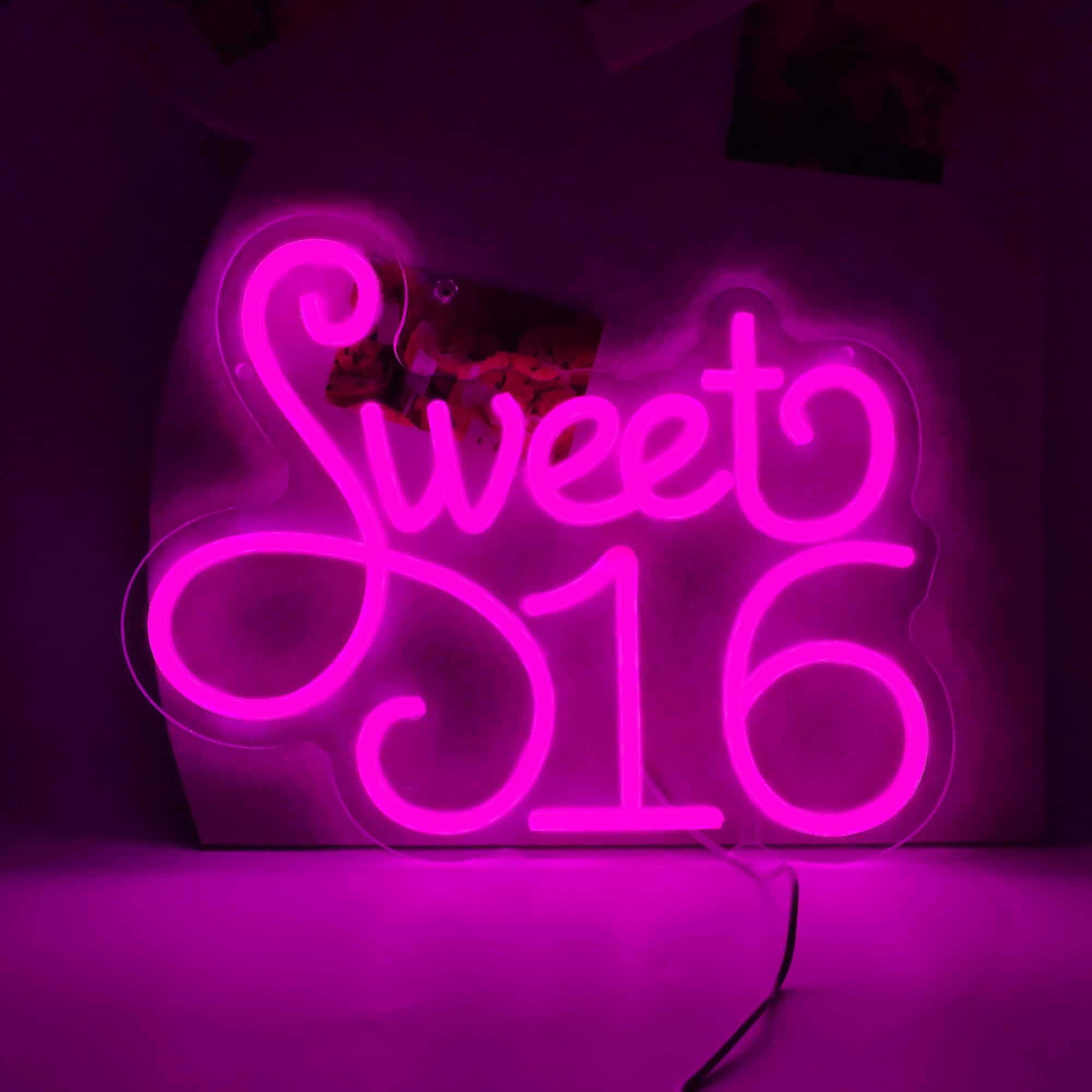 TAGEEKOO Pink Sweet 16 Neon Sign - LED Light Birthday Decor, Acrylic, Happy Birthday Party Backdrop, Sweet-Pink