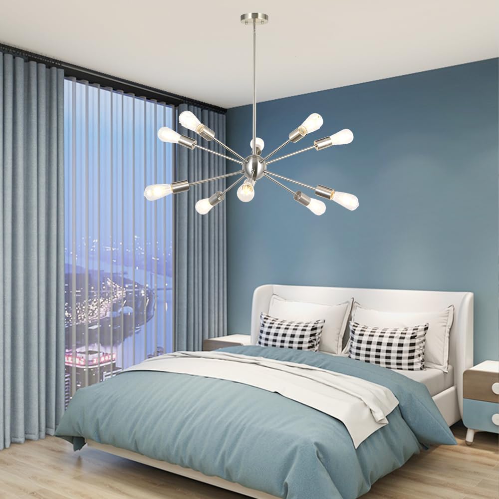 Bonlicht Sputnik Chandelier Lighting 10 Light Chandelier Modern Starburst Chandelier Mid Century Pendant Lighting Brushed Nickel