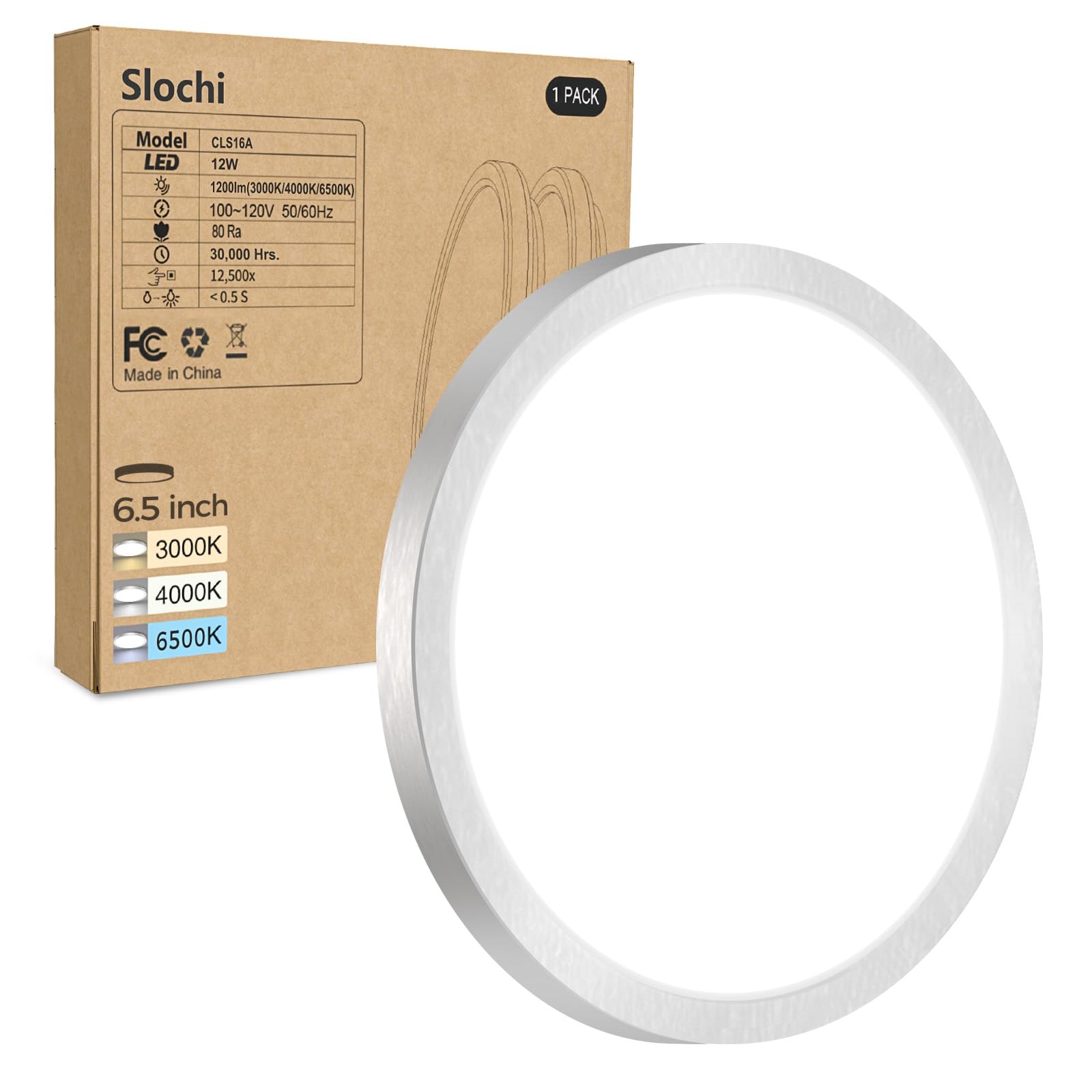 slochi LED Flush Mount Ceiling Light Fixture, 12W 1200Lm, 6.5 Inch, Brushed Nickel, 3000K-4000K-6500K,
