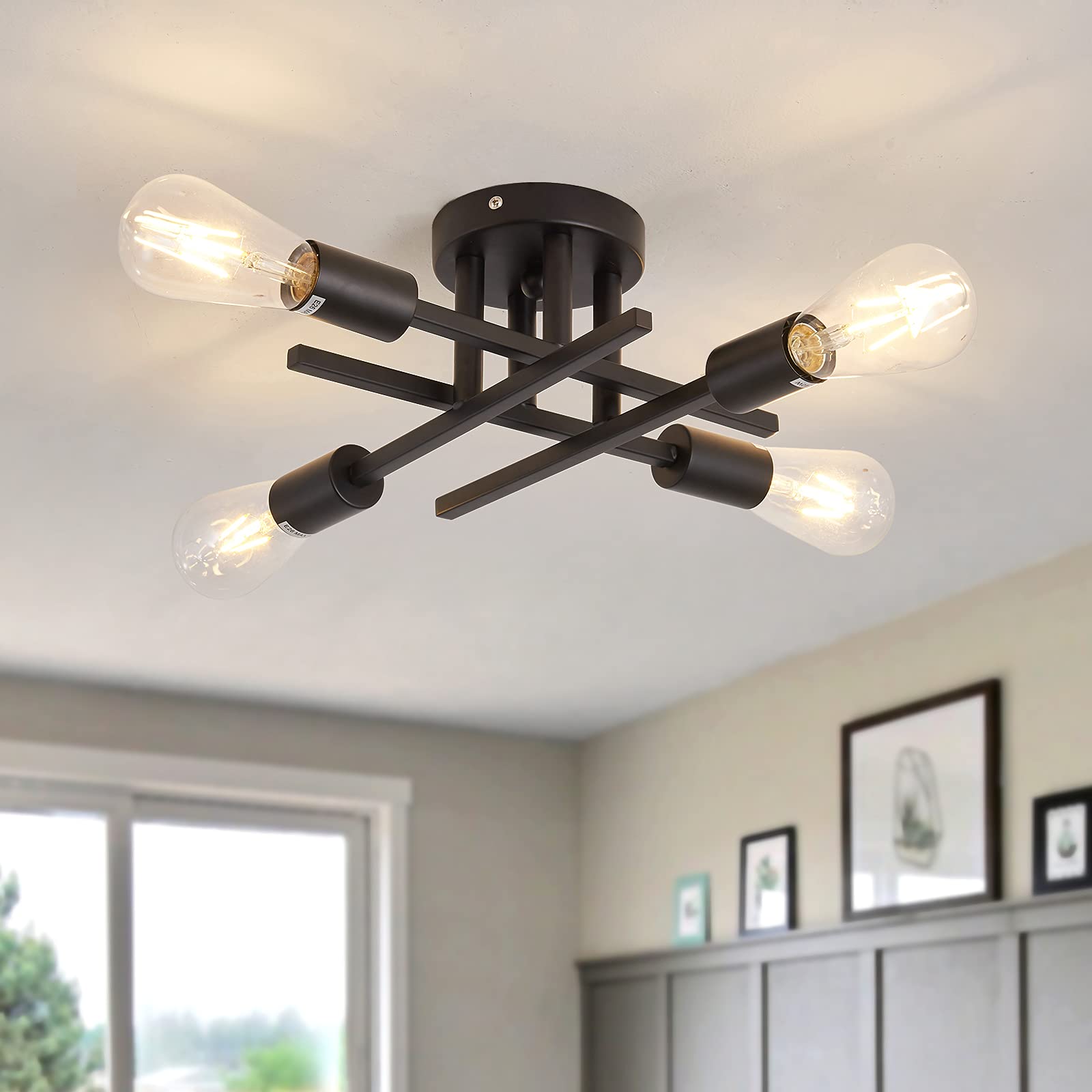 ZGLAOJT Semi Flush Mount 4-Light Chandelier, Matte Black Metal, E26 Base, Modern Design for Kitchen, Dining, Bedroom, Living Room