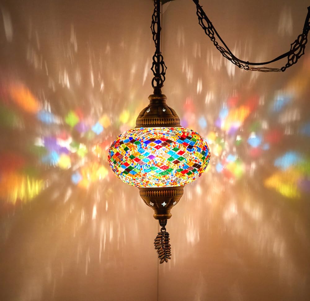 DEMMEX Turkish Mosaic Plug-in Swag Pendant Light, Large 6.5in Globe, Multicolor, Handmade, Model DEMMEXSWAG1