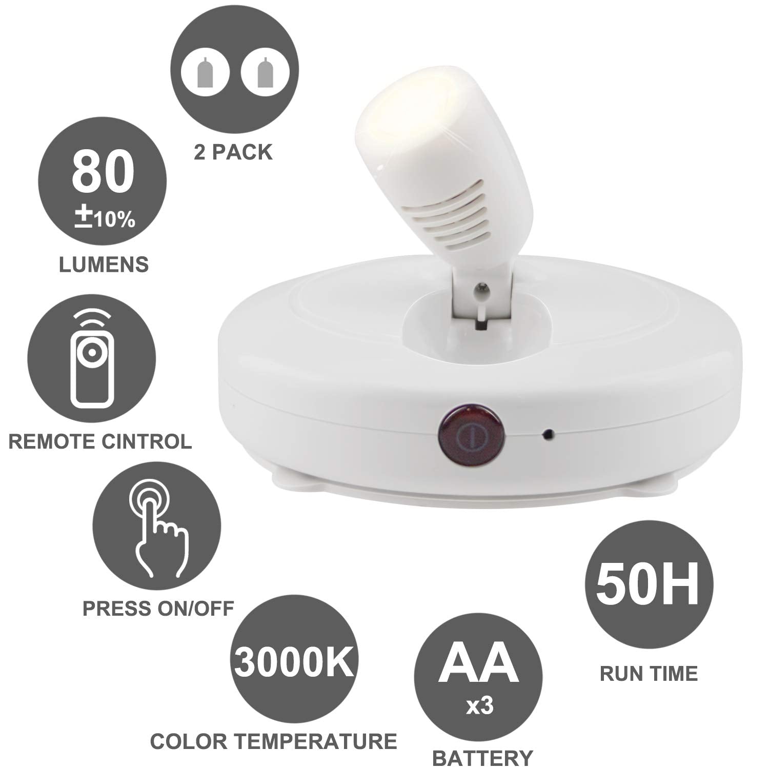 HONWELL Wireless LED Spotlights 2 Pack, White Accent Puck Lights with Remote, Model H624IR for Indoor Lighting