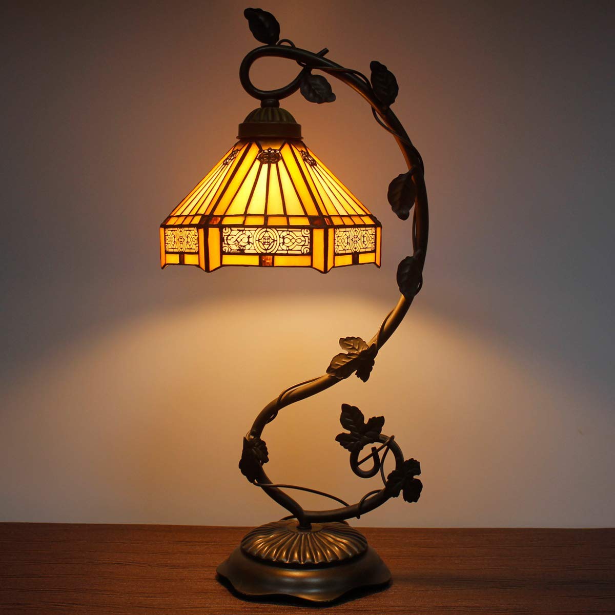 WERFACTORY Tiffany Lamp Stained Glass Table Lamp, Yellow Hexagon Mission, 8X10X21 Inches, Metal Leaf Base, S011 Series