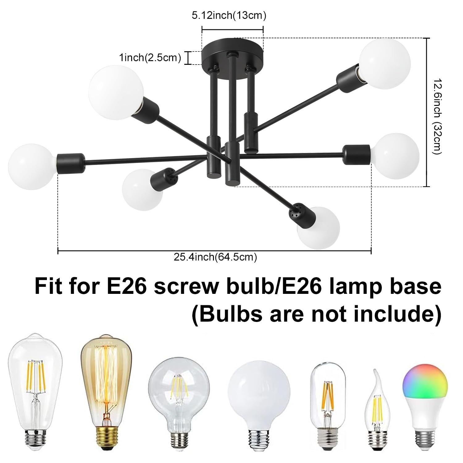 Biewalk 6-Light Sputnik Chandelier, Gold and Black Metal Fixture, 31.18in Mid Century Design for Dining Room, Kitchen Island, Model bie8003