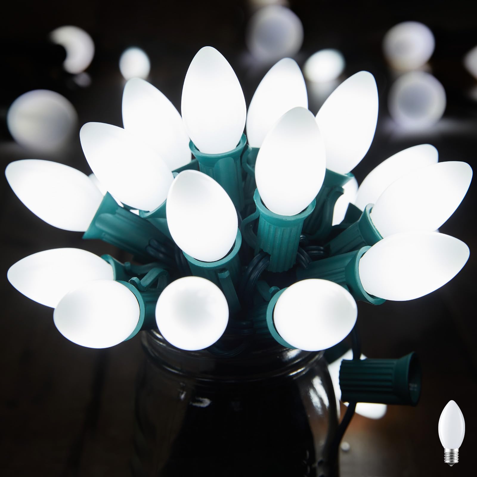 Minetom C7 LED Christmas Lights, 25Ft Vintage String Lights, 25+1 Bulbs, Cool White, E12 Base, Outdoor Holiday Decorations