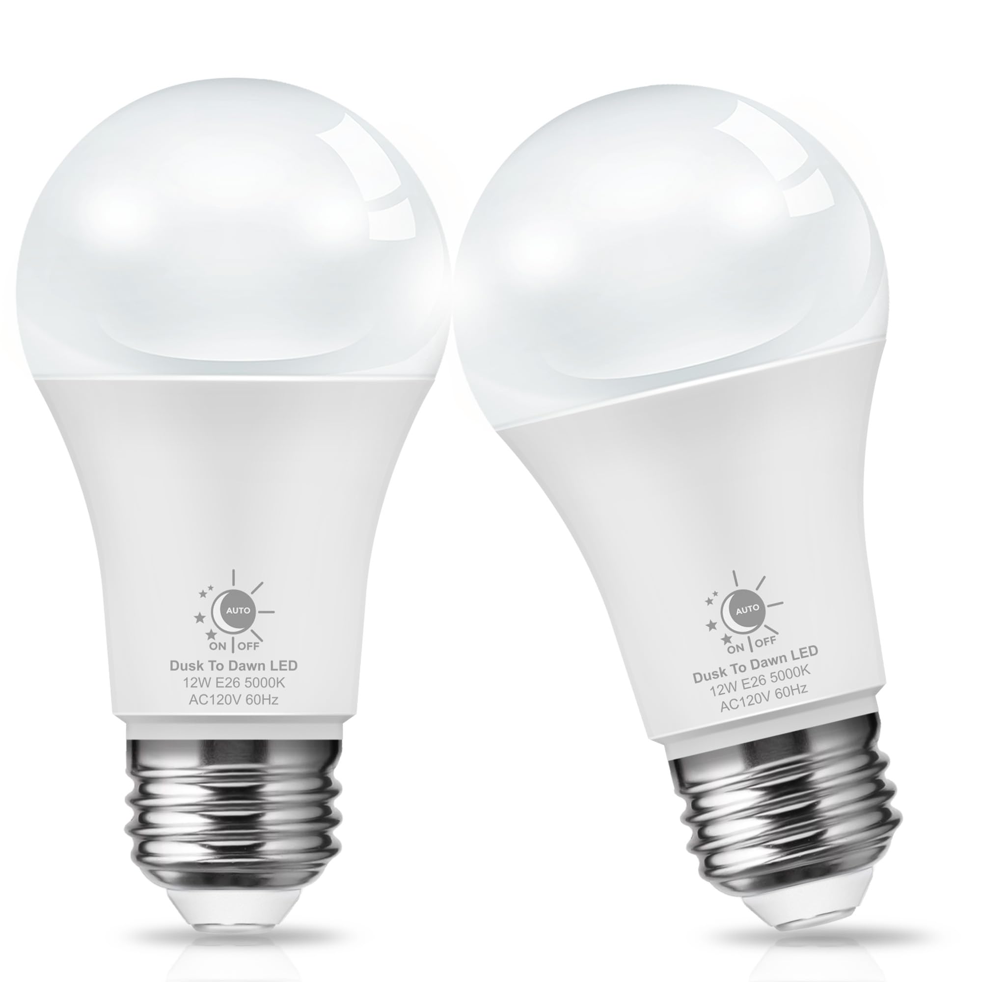 L Lohas Led Dusk To Dawn Sensor Light Bulbs, 12W A19, 5000K Daylight White, Auto-On/Off, E26 Base, 2 Pack