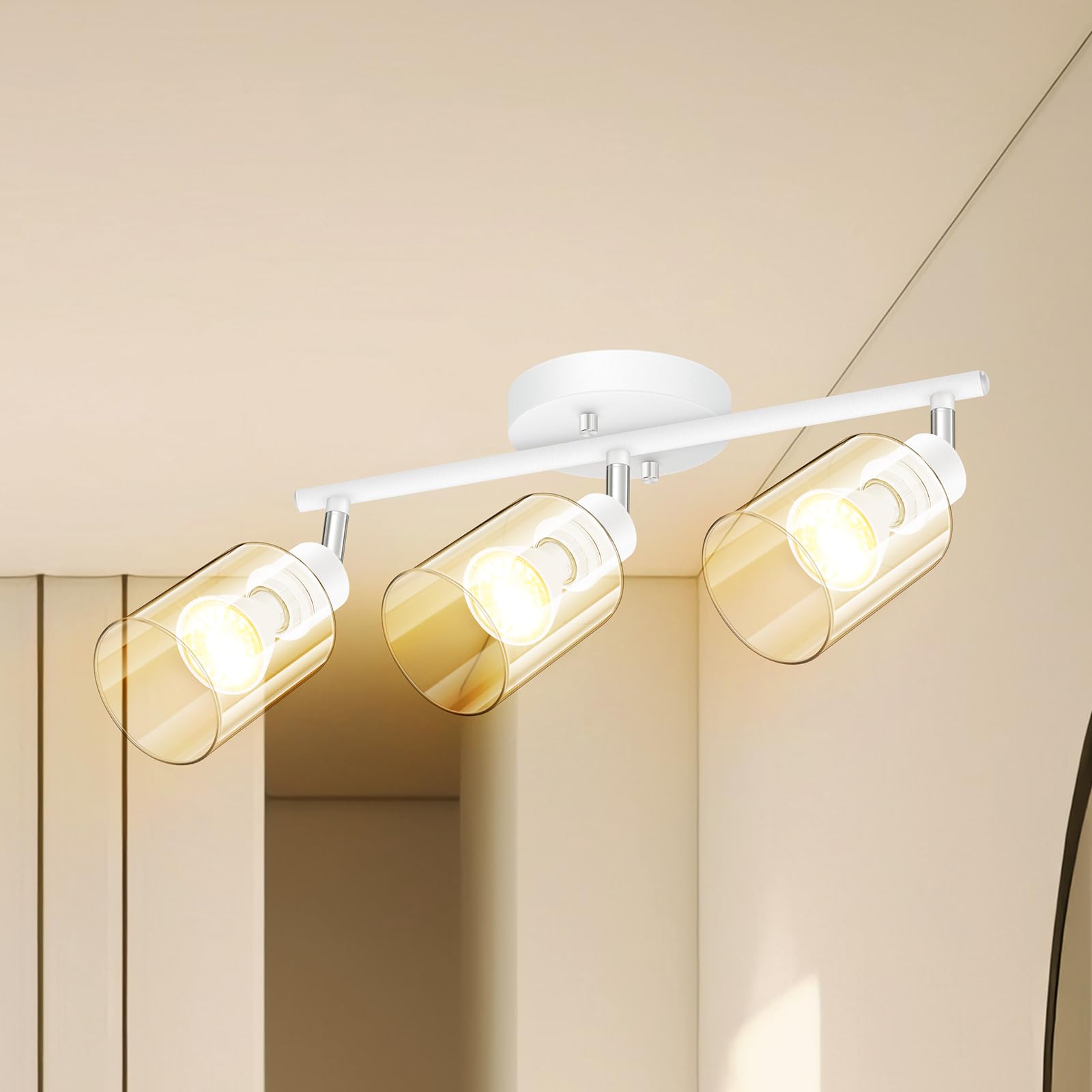 BoostArea 3-Light Bathroom Light Fixtures, White Modern Vanity Wall Lights with Clear Glass Shade,Flexibly Ceiling Light for Mir