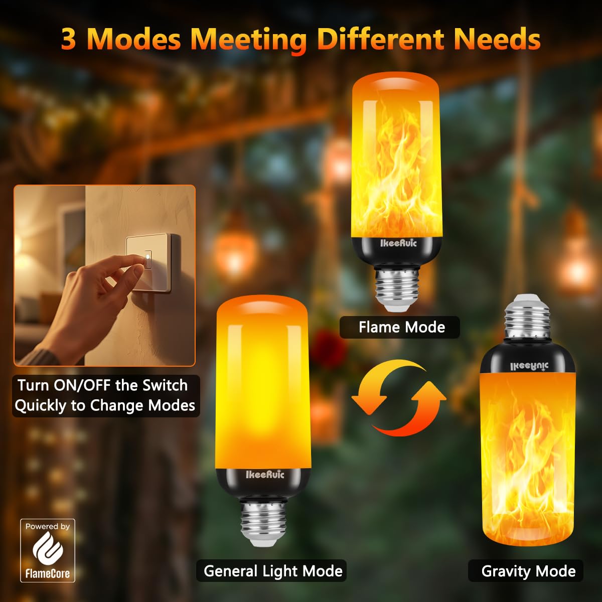 IkeeRuic Gen2 E26 Flame Light Bulbs, Realistic Flickering Orange LED Lights for Indoor & Outdoor Decor, Model 793