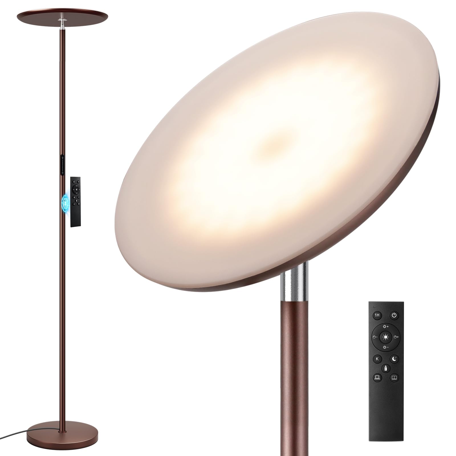 PreeOtti Modern LED Floor Lamp, Remote & Touch Control, Fully Dimmable, Large, Brown