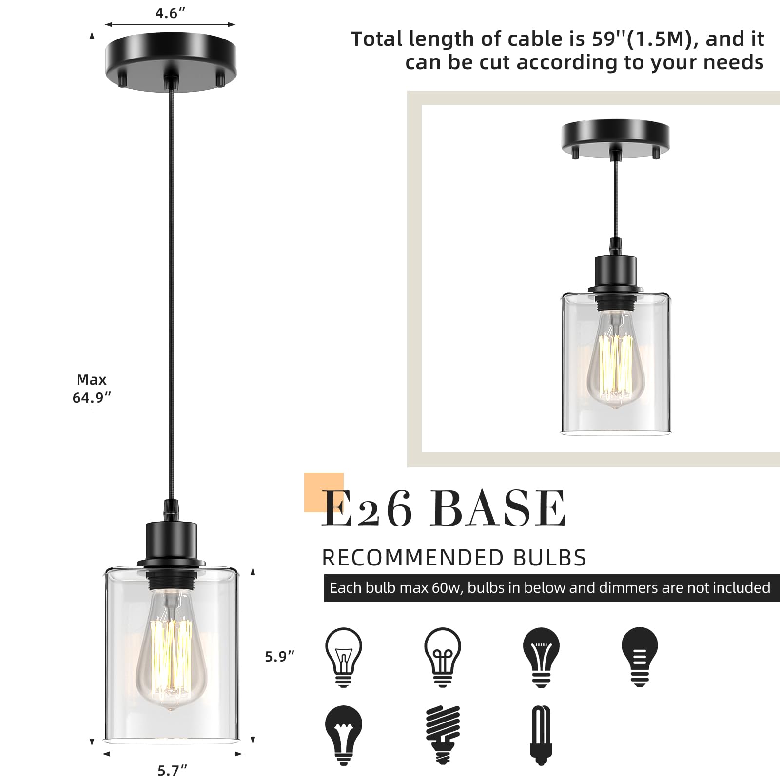 Pendant Light Kitchen Island Lighting 2 Pcs, With Bulb & Clear Glass Shade - 59 Inch Hanging Cord Farmhouse Hanging Lighting Fix