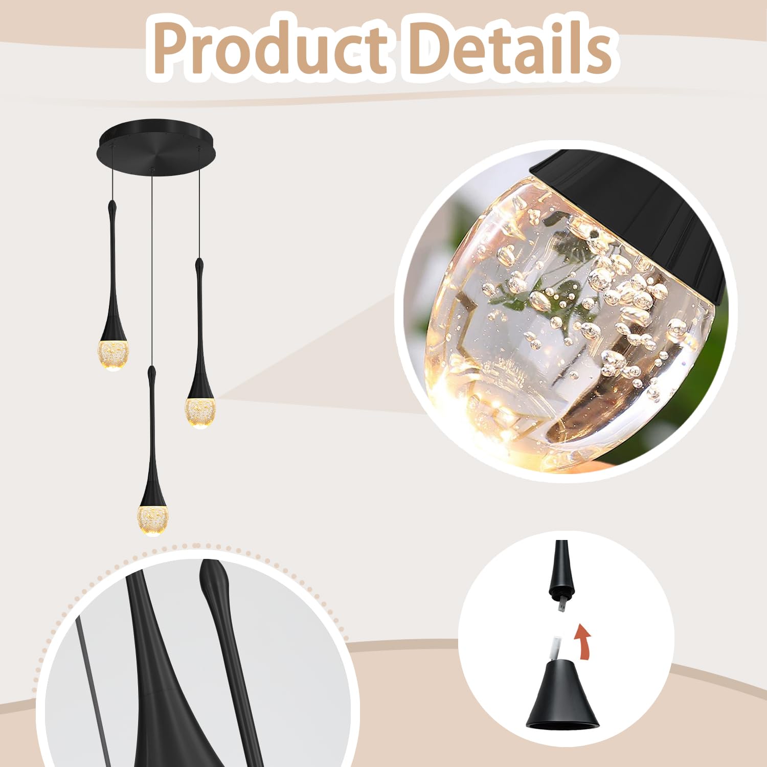 Ykolupty Pendant Lights Kitchen Island 3-Lights Pendant Chandelier For Dining Room Hallway Stairwell,Led Dimmable 2700K-6000K