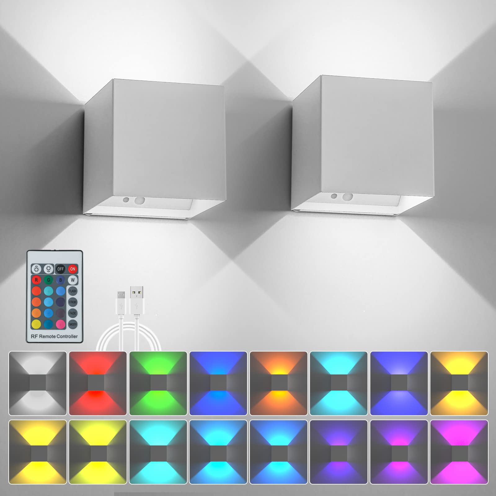 SURPALIG LED RGB Wall Lights for Room Decor, 16 Colors Remote Control, 6000mAh Battery Operated Wall Sconces Set of 2, Rechargea