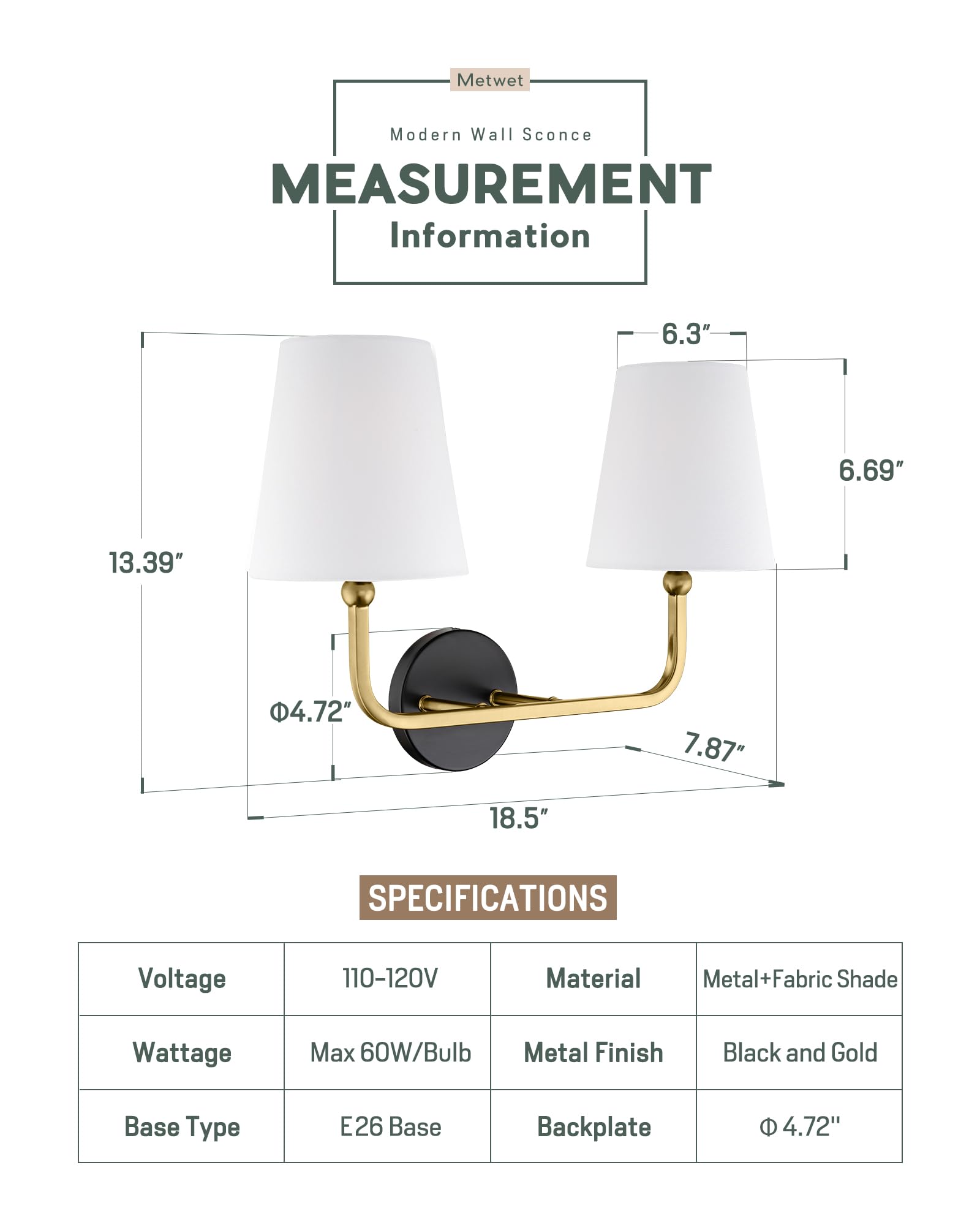 Metwet 2-Light Bathroom Light Fixtures  Black And Gold Vanity Lights  Double Wall Sconce With Flared White Fabric Shade  Modern Sconces Wall Lighting For Hallway Bedroom Stairway  Vl837-Kg-2