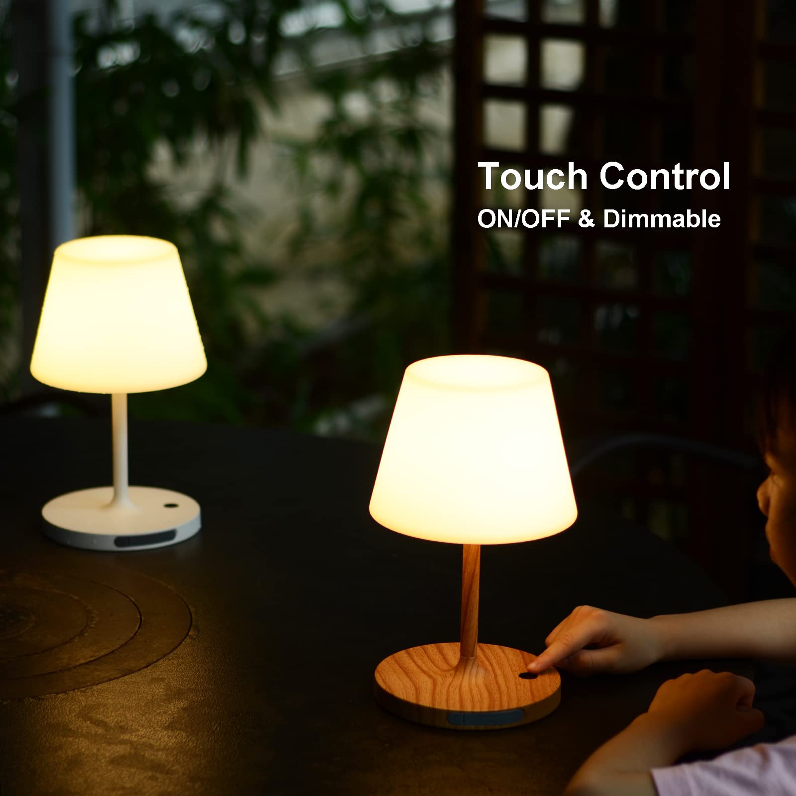 LOTITOL Outdoor Table Lamp - Cordless USB Rechargeable, 4000mAh, 2700K LED, Touch Dimmable, IP44 Waterproof, 9.6in, Wood