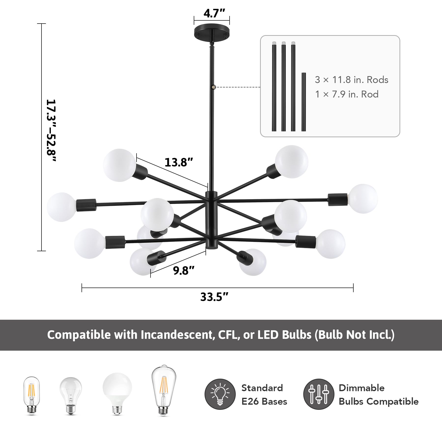 Vonluce 12-Light Sputnik Chandelier, Black Chandelier For Dining Room, Height Adjustable Modern Chandelier Over Table For Living