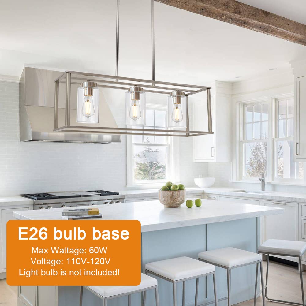 VINLUZ 3-Light Linear Chandelier, Brushed Nickel with Clear Glass Shade, Modern Pendant Light Fixture for Kitchen Island & Dining Room, Model 1811-3-SN