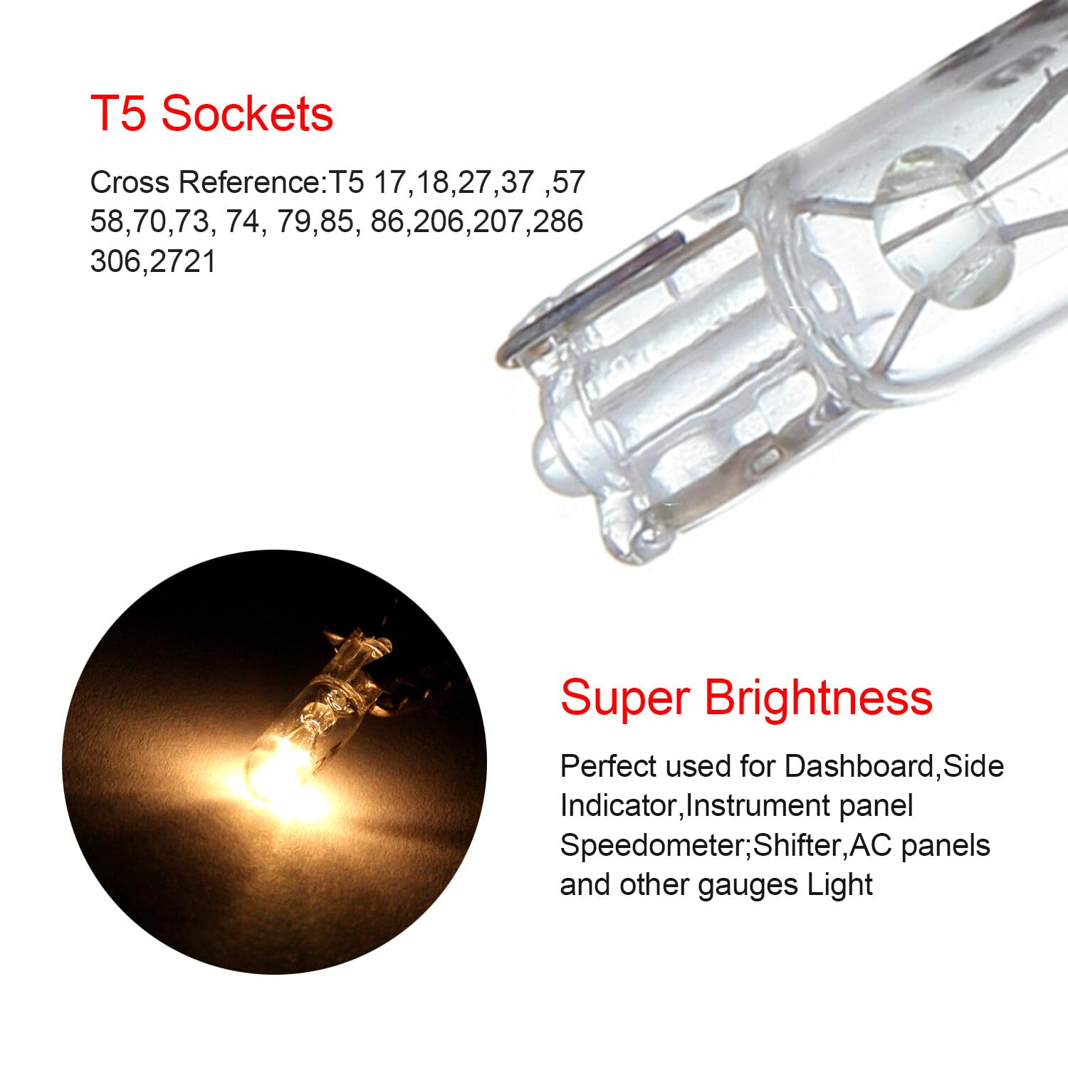 Cciyu T5 17 86 206 White Halogen Light Bulb Instrument Cluster Gauge Dash Lamp 12V With Twist Lock Sockets ((Total Of 40 Pcs))