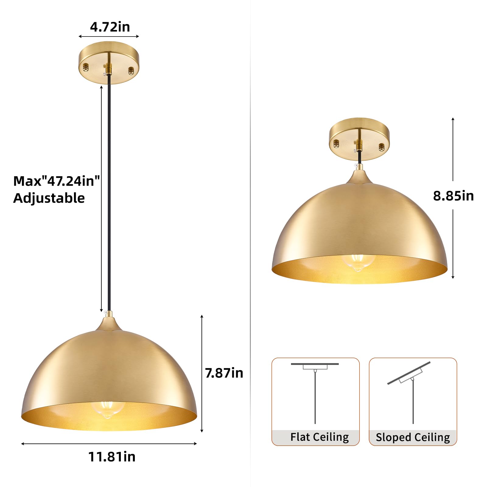 Sesiment Gold-Electroplated Industrial Pendant Light 11.8Inches 2 Packs,Mental Hanging Light Fixtures For Kitchen Island,Dome Pendant Light,Ceiling Light Fixtures For Restaurant Dining Room Aisle
