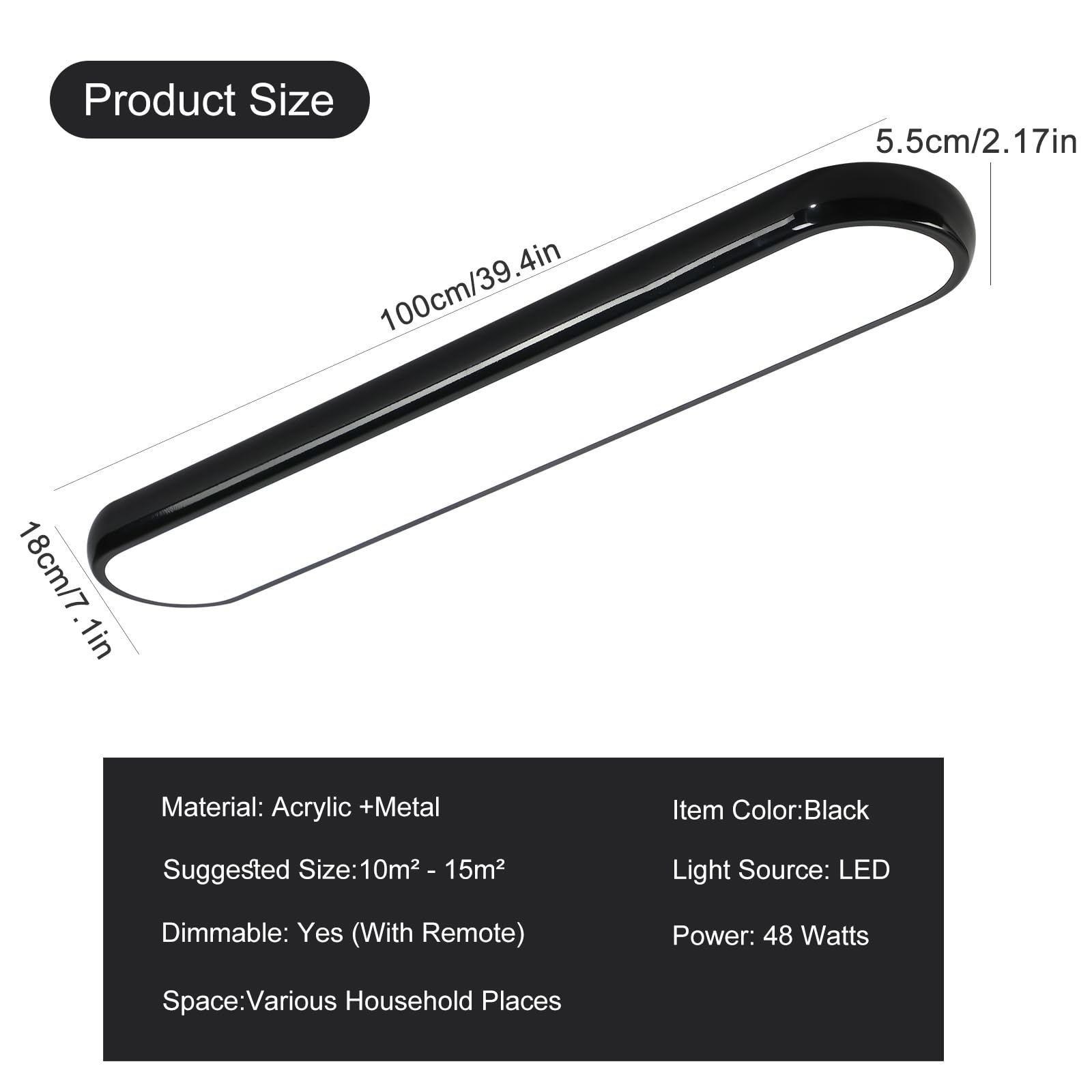 Qcyuui Modern Led Ceiling Light Dimmable Semi Flush Mount Ceiling Light 39.4 In Long Ceiling Light Fixture Kitchen Lighting Fixtures Ceiling For Office Bedroom Hallway(Black/48W/3000-6500K)