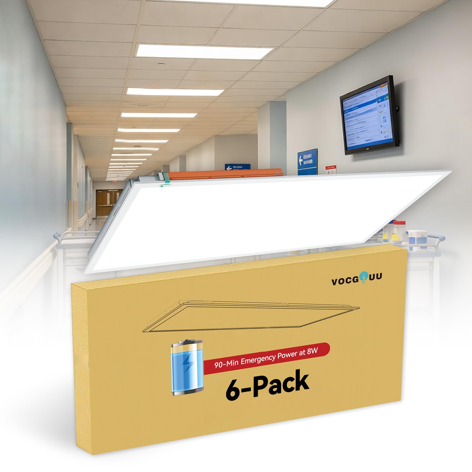 VocgoUU 6-Pack 2x4 LED Flat Panel Light with Emergency Battery Backup, 90-Min Emergency Mode at 8W, 30W/40W/50W Wattage Switchab